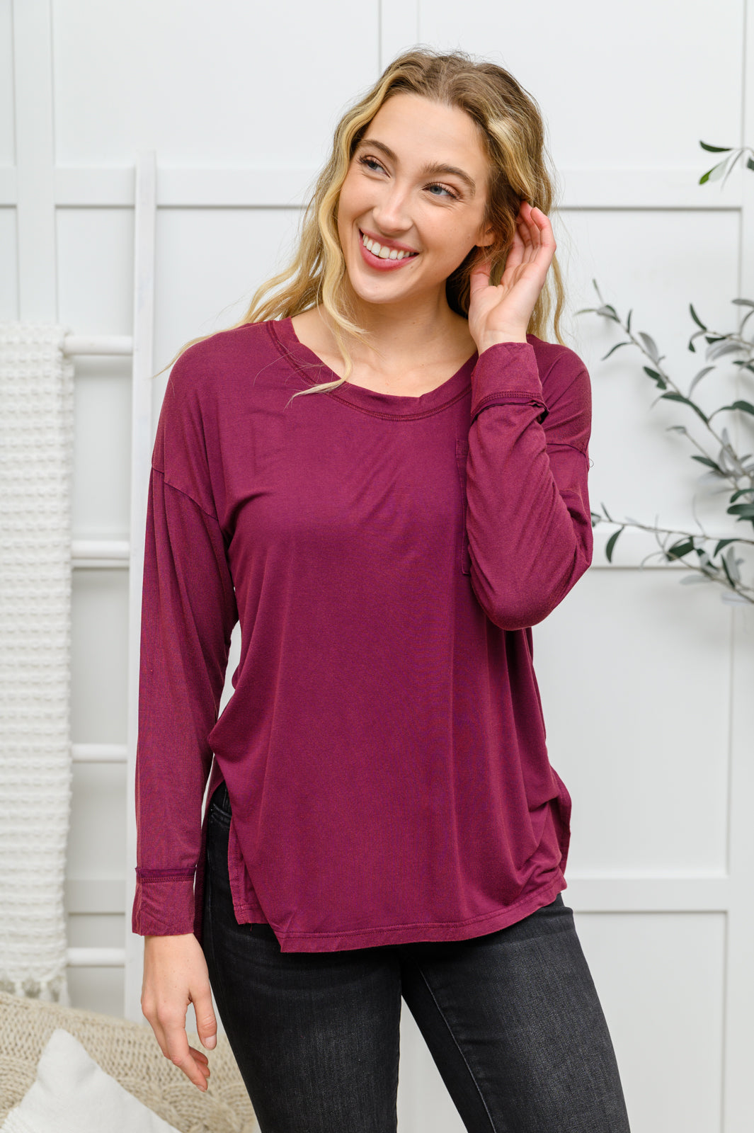 All on You Long Sleeve Knit Top With Pocket In Burgundy Burgundy S