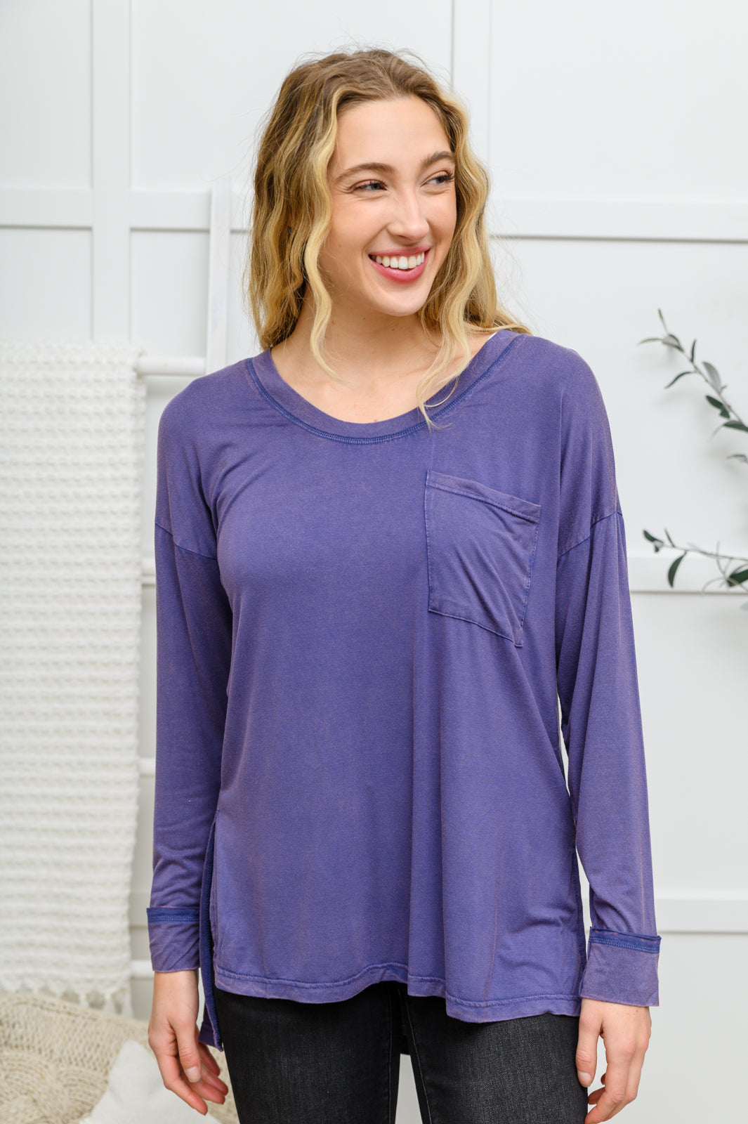 All on You Long Sleeve Knit Top With Pocket In Indigo Indigo S