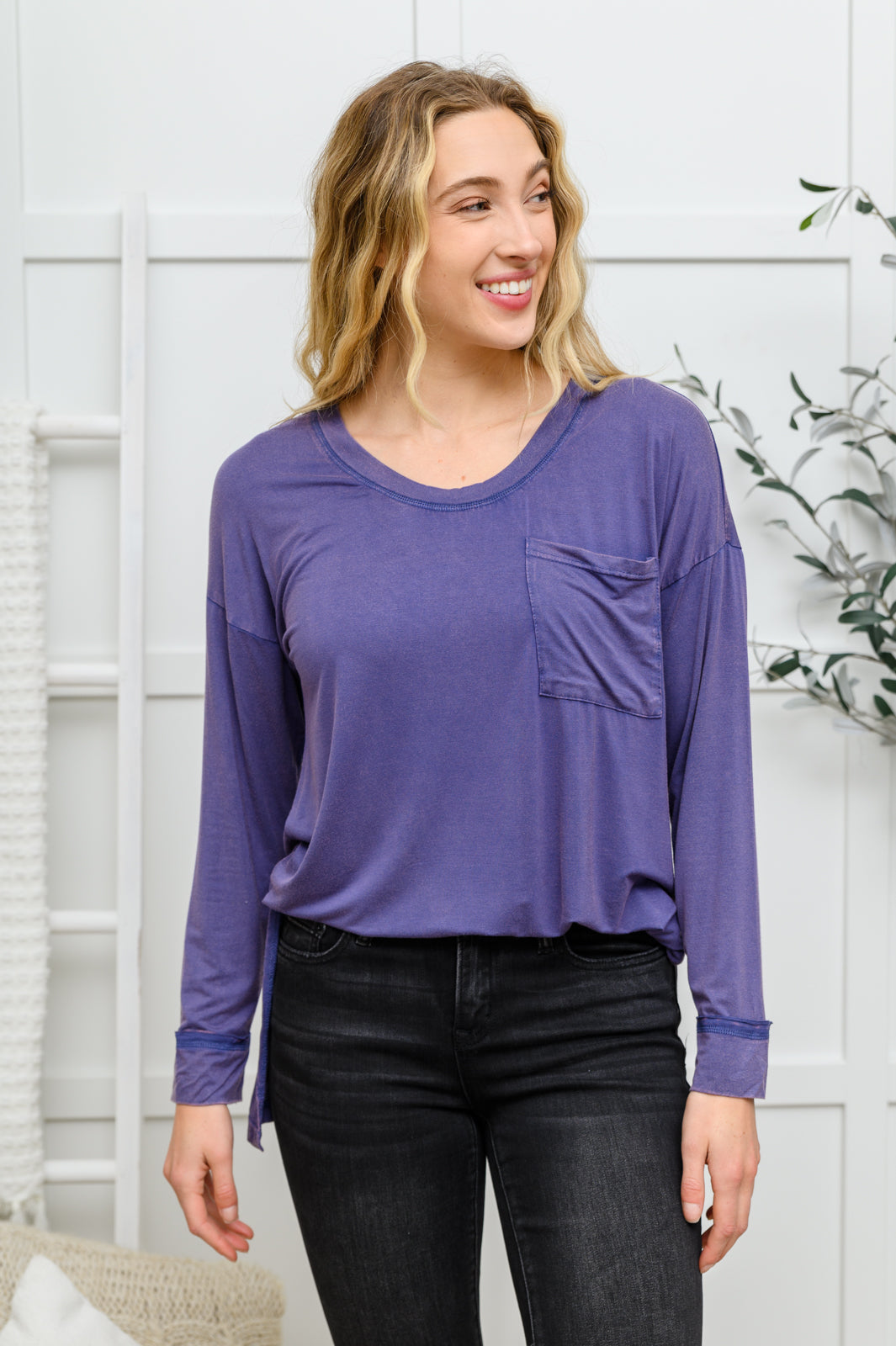 All on You Long Sleeve Knit Top With Pocket In Indigo