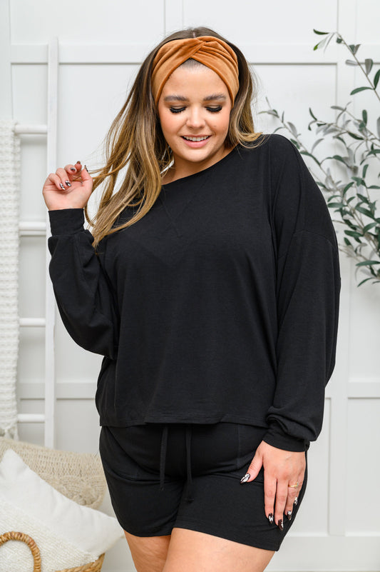 Stay Loungey Long Sleeve Soft Oversized Top & Shorts Set in Black Black 1XL