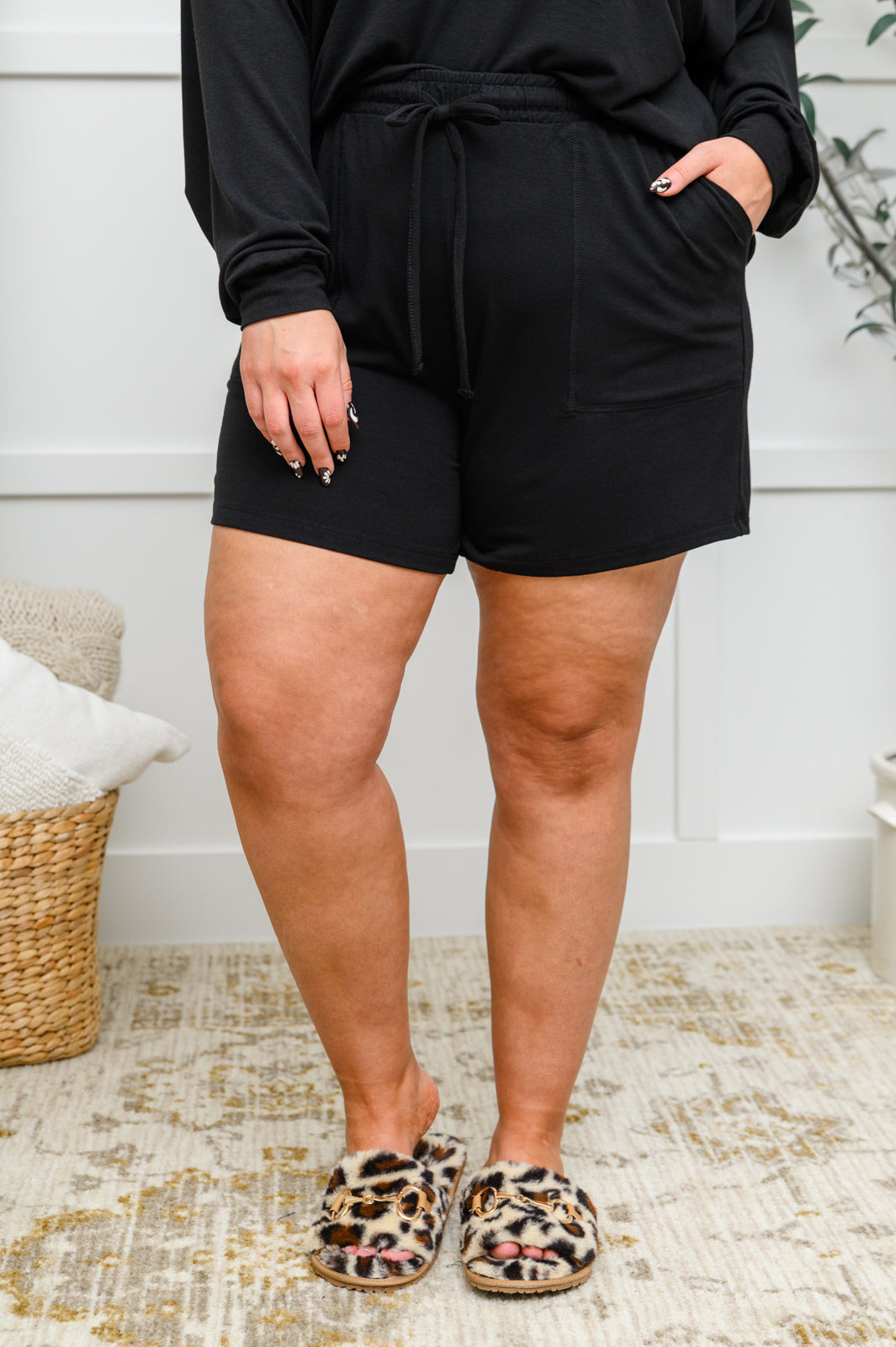 Stay Loungey Long Sleeve Soft Oversized Top & Shorts Set in Black