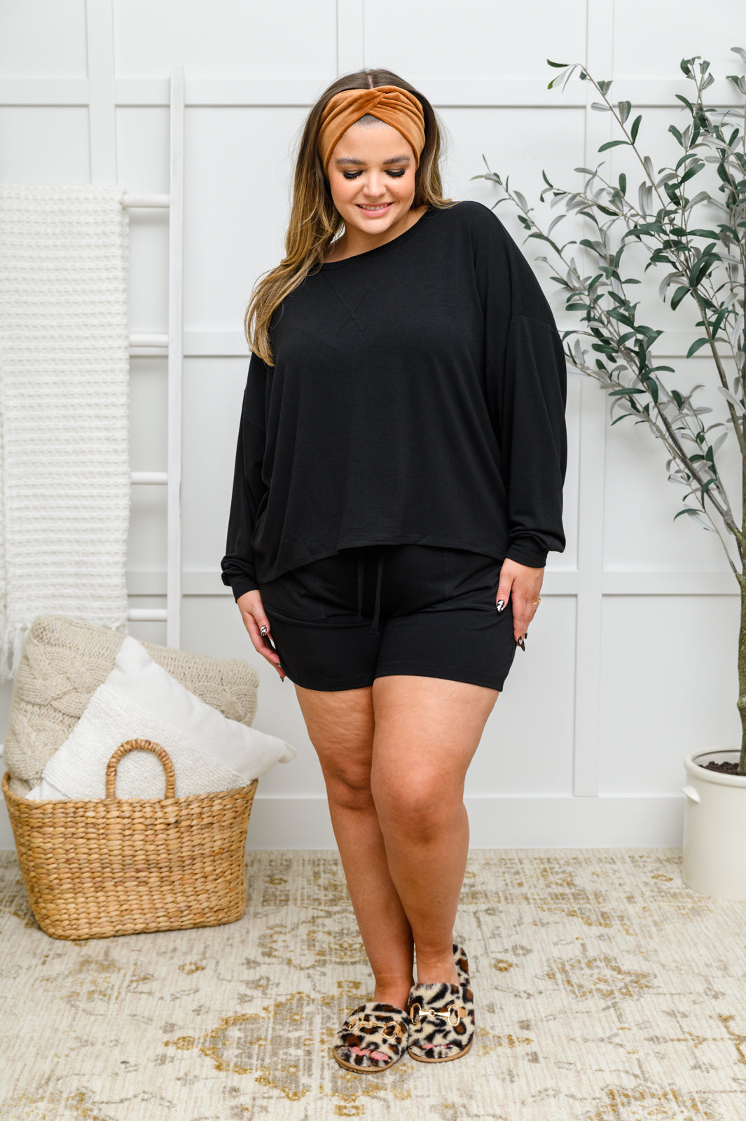 Stay Loungey Long Sleeve Soft Oversized Top & Shorts Set in Black