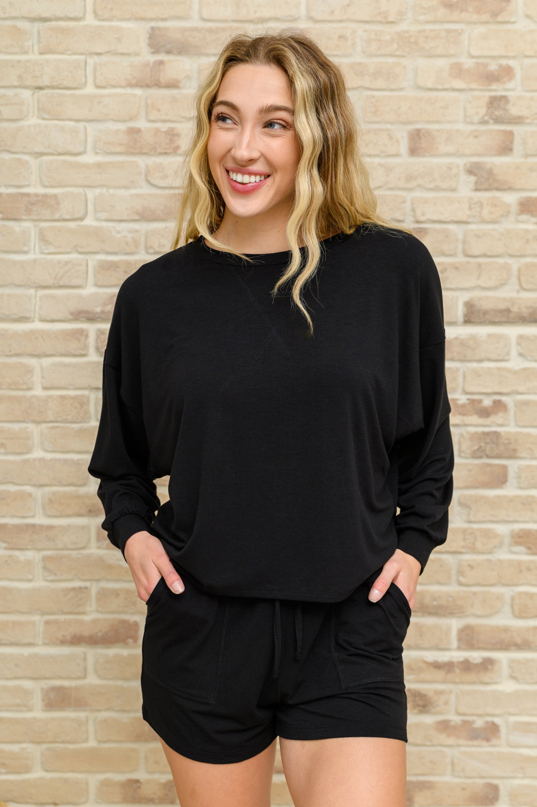 Stay Loungey Long Sleeve Soft Oversized Top & Shorts Set in Black Black S