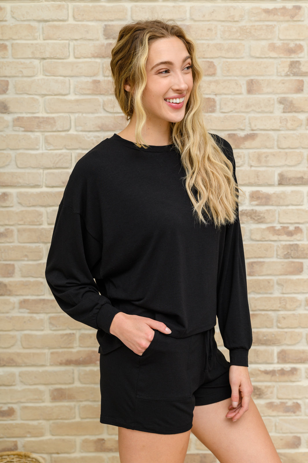 Stay Loungey Long Sleeve Soft Oversized Top & Shorts Set in Black