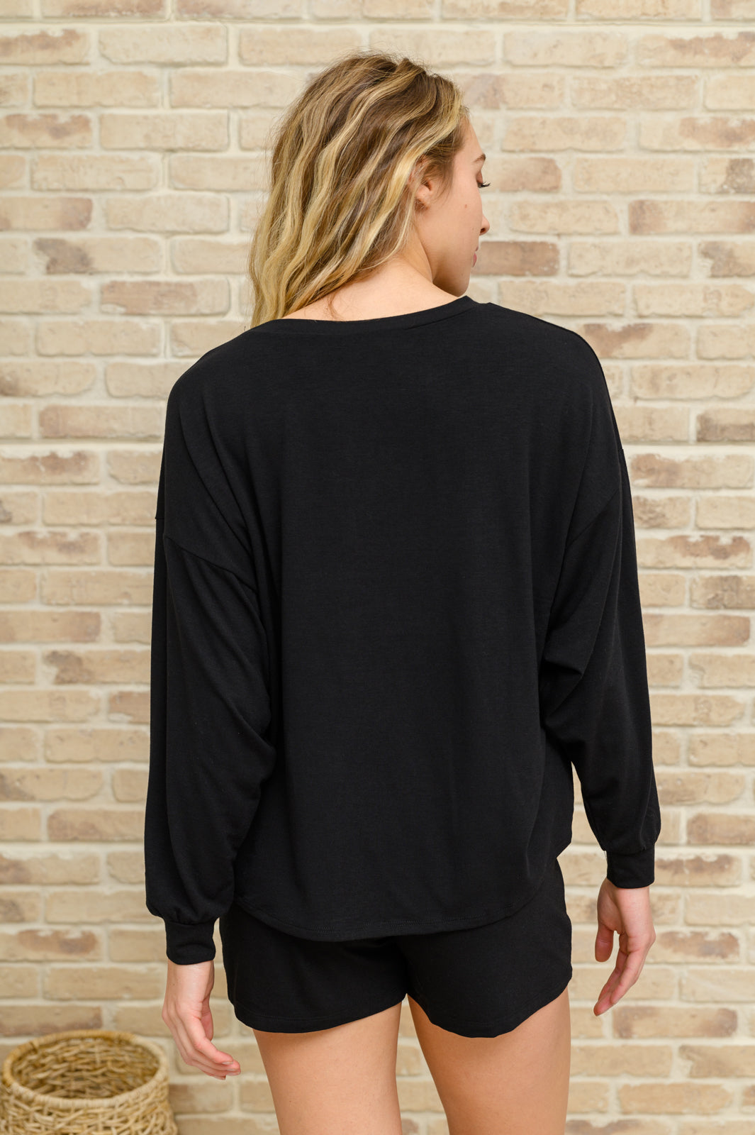 Stay Loungey Long Sleeve Soft Oversized Top & Shorts Set in Black