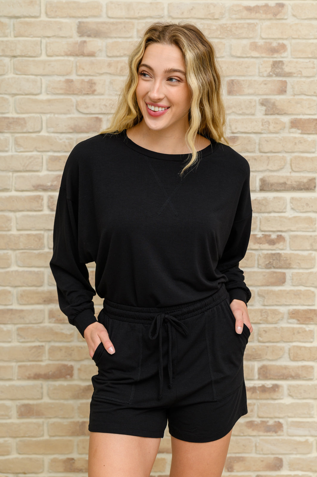 Stay Loungey Long Sleeve Soft Oversized Top & Shorts Set in Black