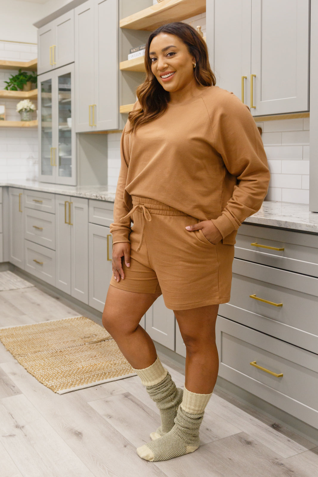 Stay Loungey Long Sleeve Soft Oversized Top & Shorts Set In Camel