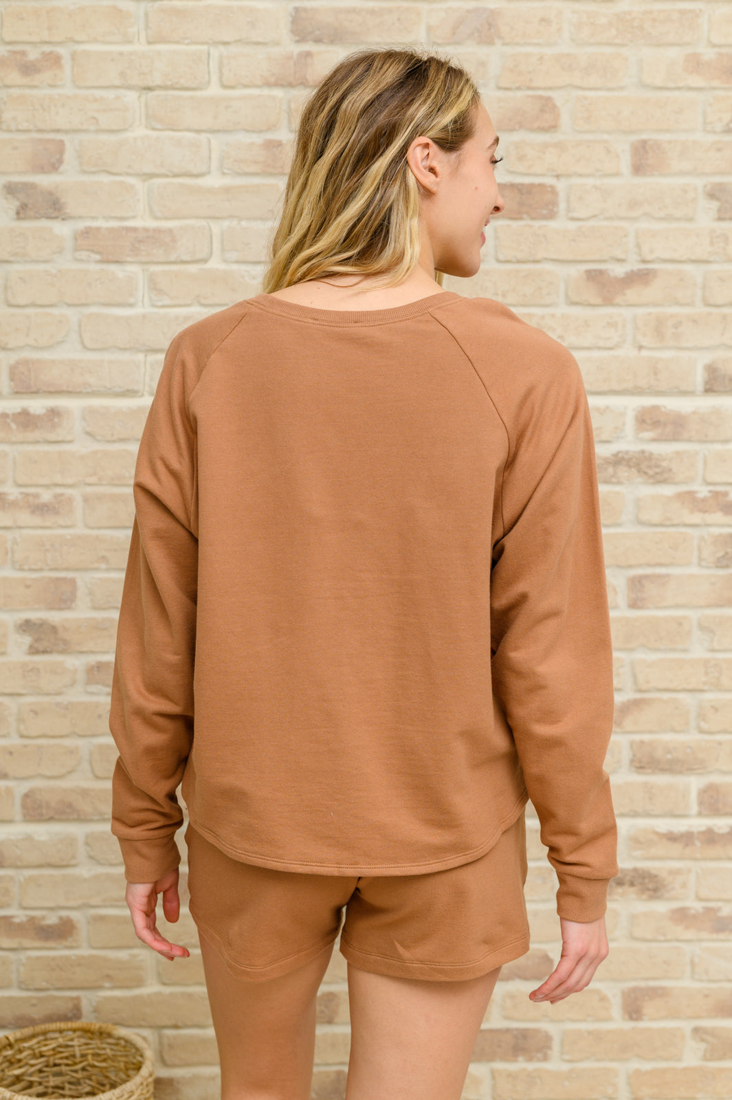 Stay Loungey Long Sleeve Soft Oversized Top & Shorts Set In Camel