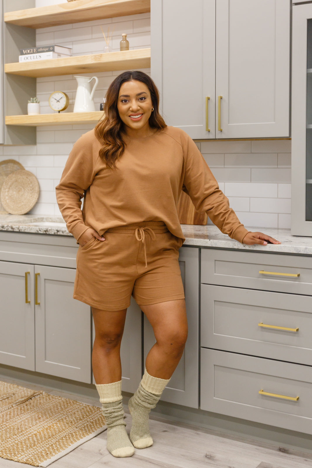 Stay Loungey Long Sleeve Soft Oversized Top & Shorts Set In Camel