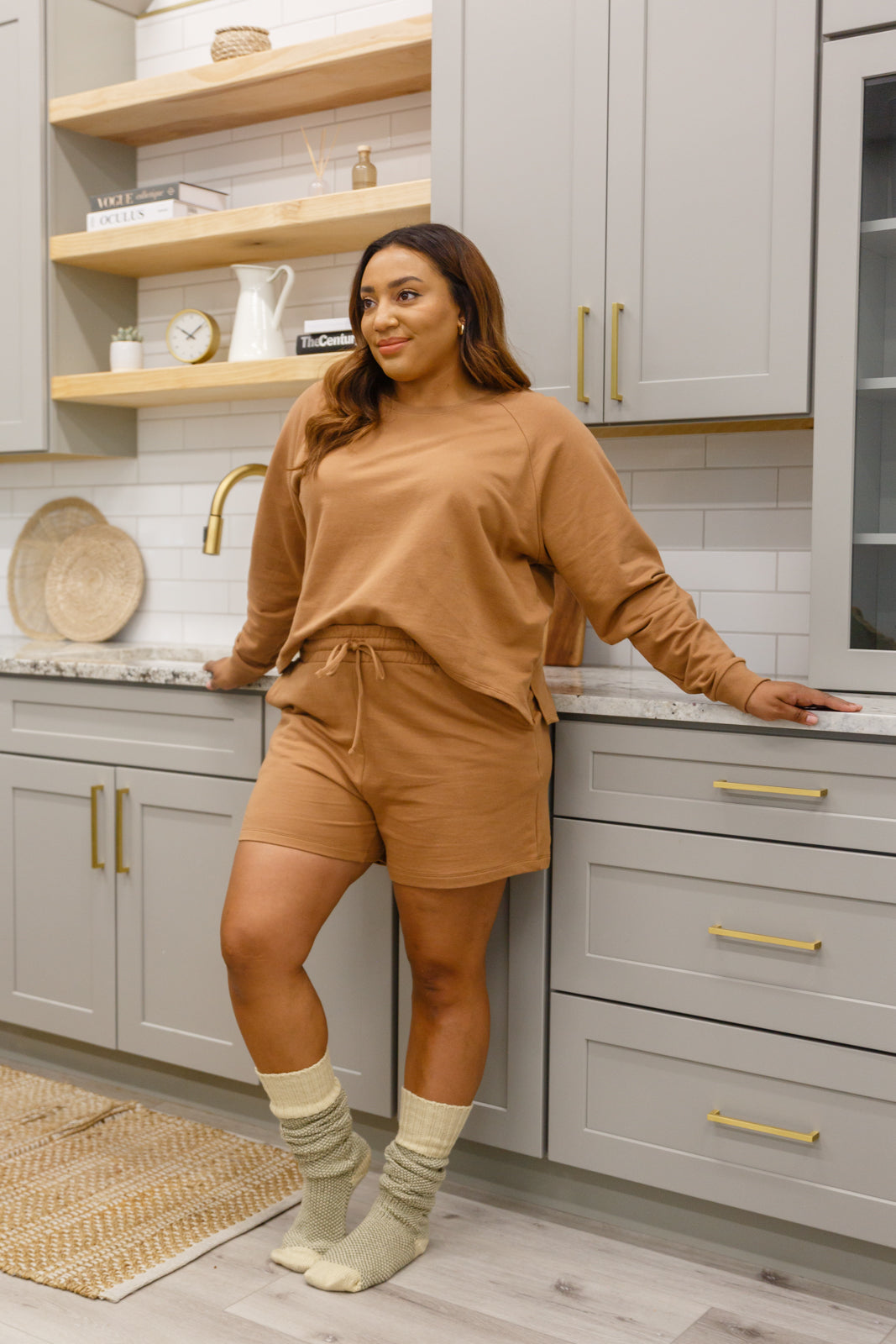 Stay Loungey Long Sleeve Soft Oversized Top & Shorts Set In Camel