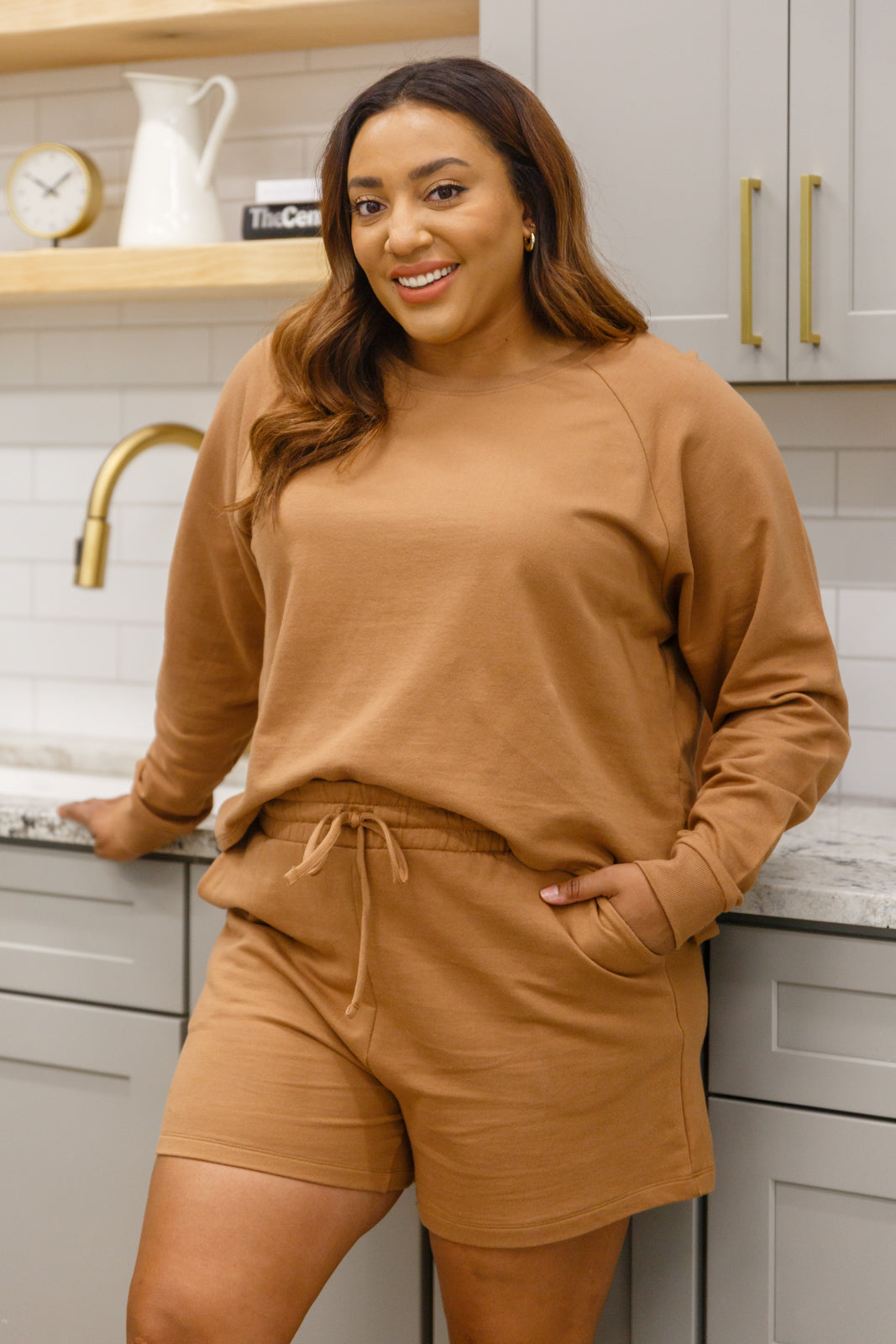 Stay Loungey Long Sleeve Soft Oversized Top & Shorts Set In Camel Camel 1XL