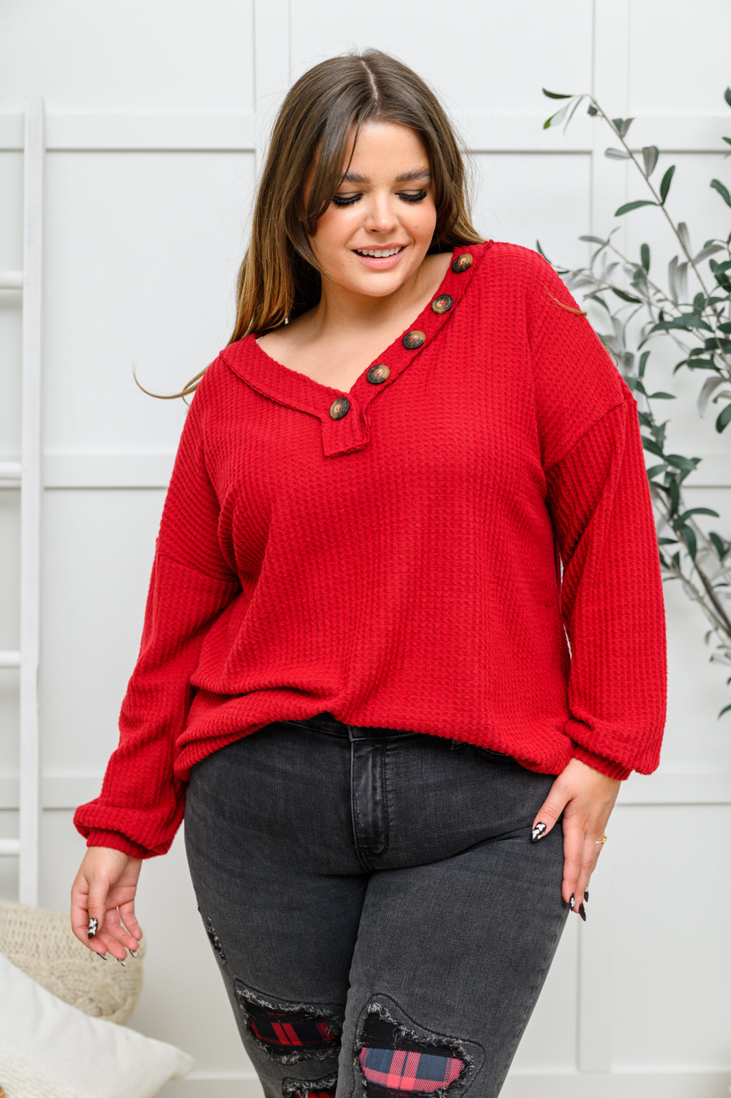 Your Best Self Long Sleeve Waffle Knit Top In Red