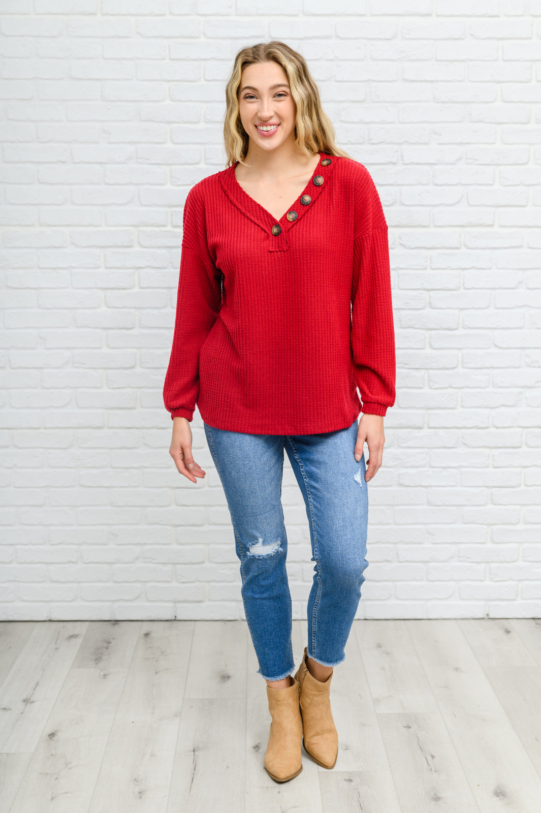Your Best Self Long Sleeve Waffle Knit Top In Red