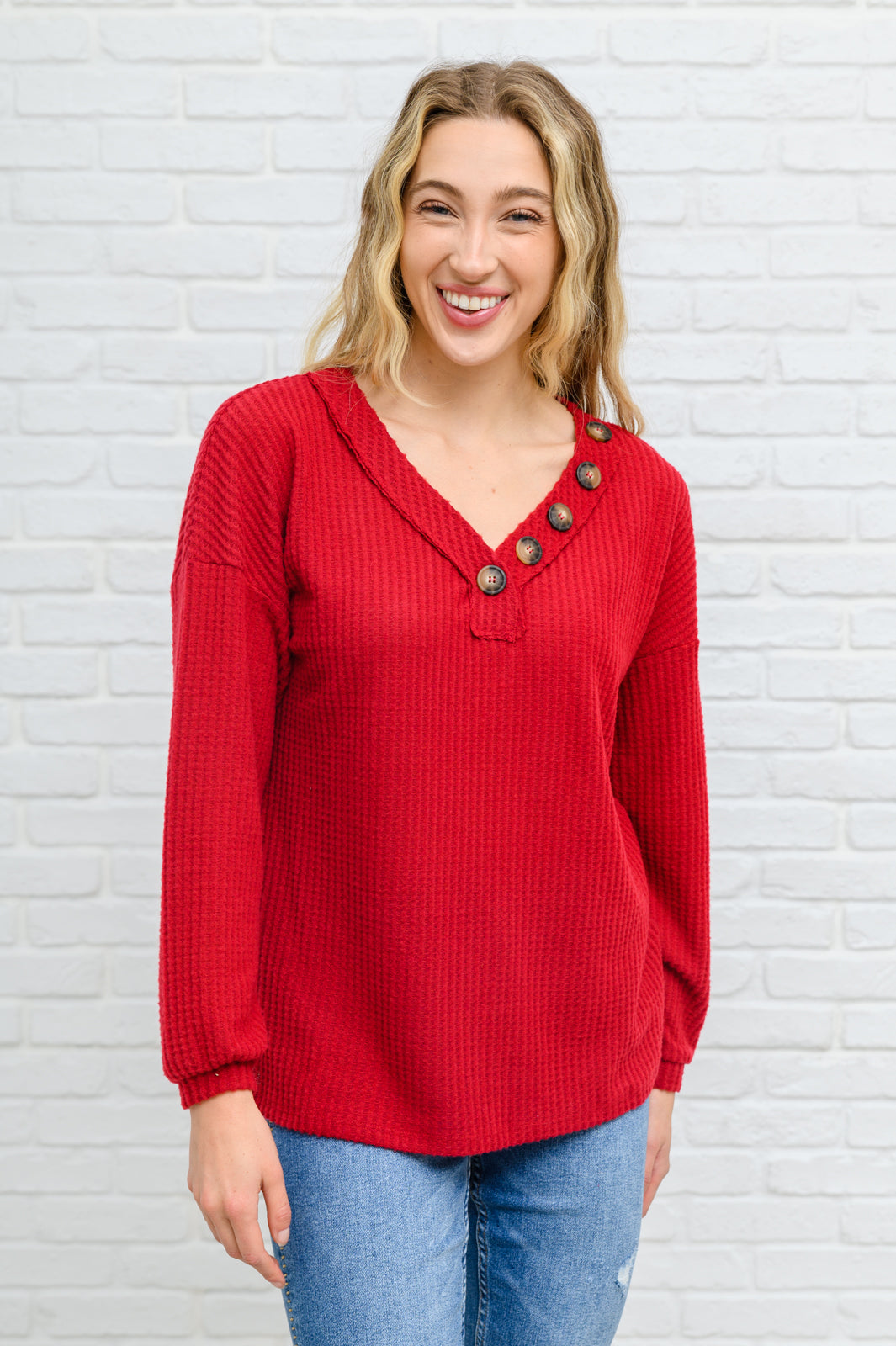 Your Best Self Long Sleeve Waffle Knit Top In Red Red S