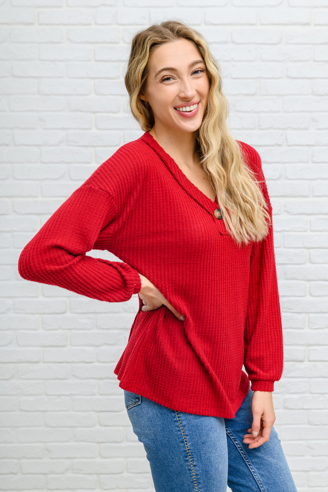 Your Best Self Long Sleeve Waffle Knit Top In Red