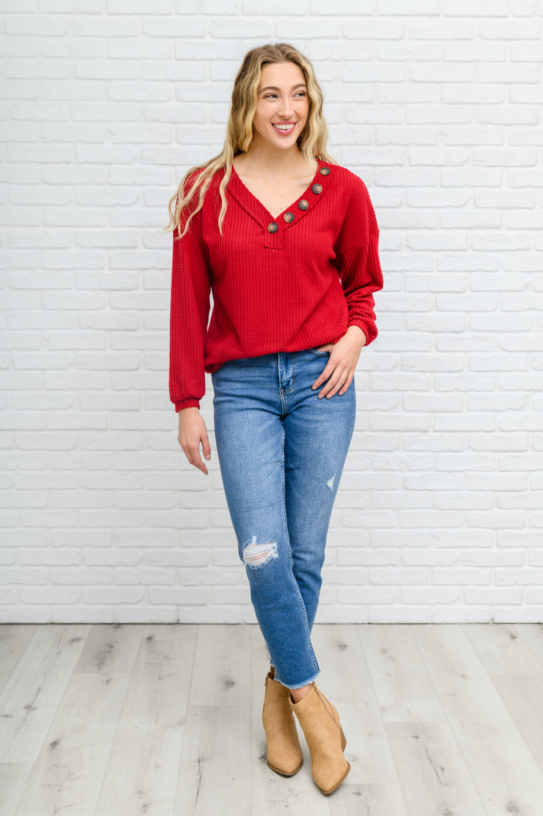 Your Best Self Long Sleeve Waffle Knit Top In Red
