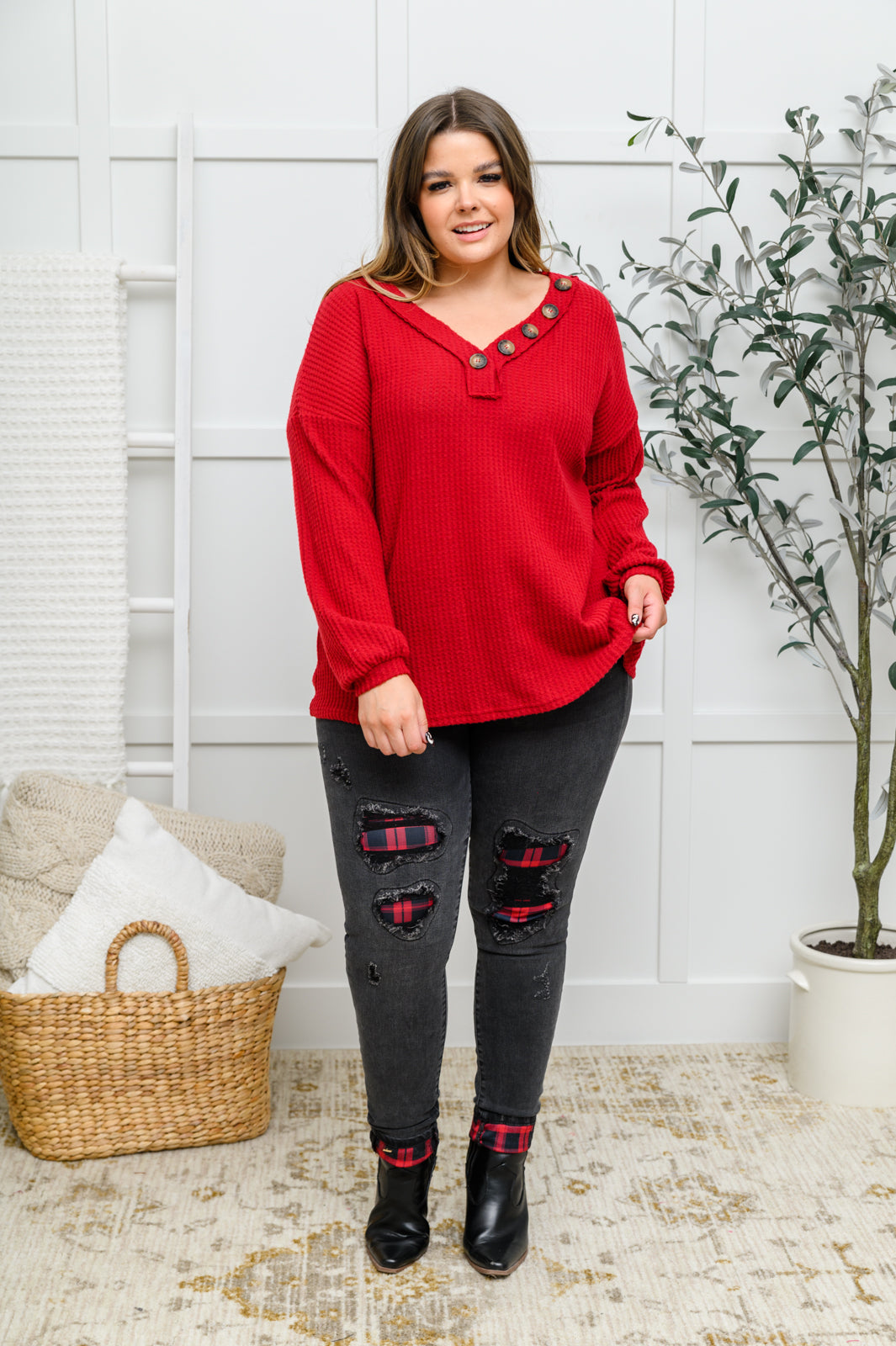 Your Best Self Long Sleeve Waffle Knit Top In Red