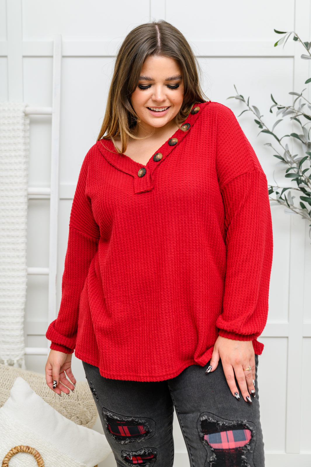 Your Best Self Long Sleeve Waffle Knit Top In Red Red 1XL