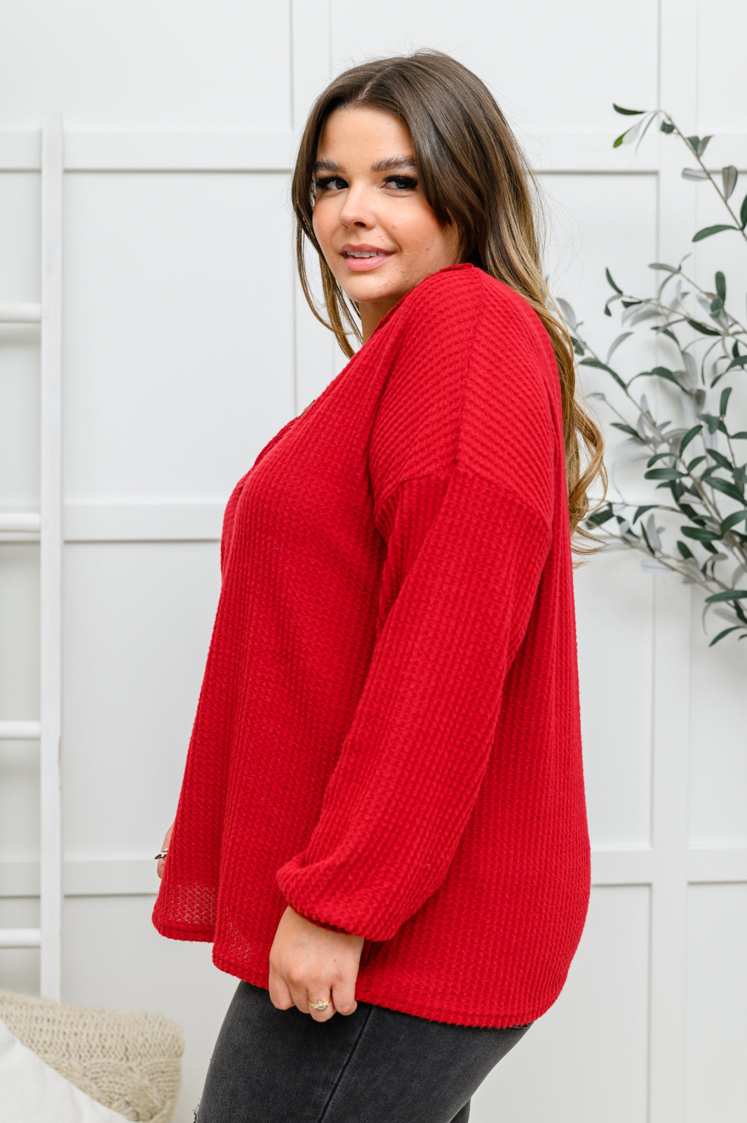 Your Best Self Long Sleeve Waffle Knit Top In Red