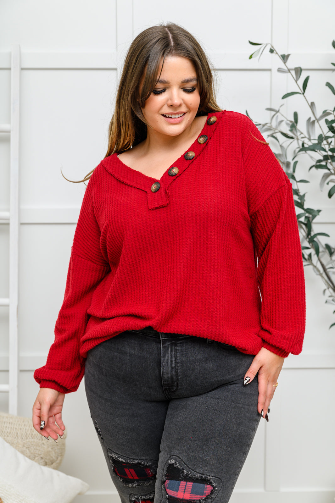 Your Best Self Long Sleeve Waffle Knit Top In Red