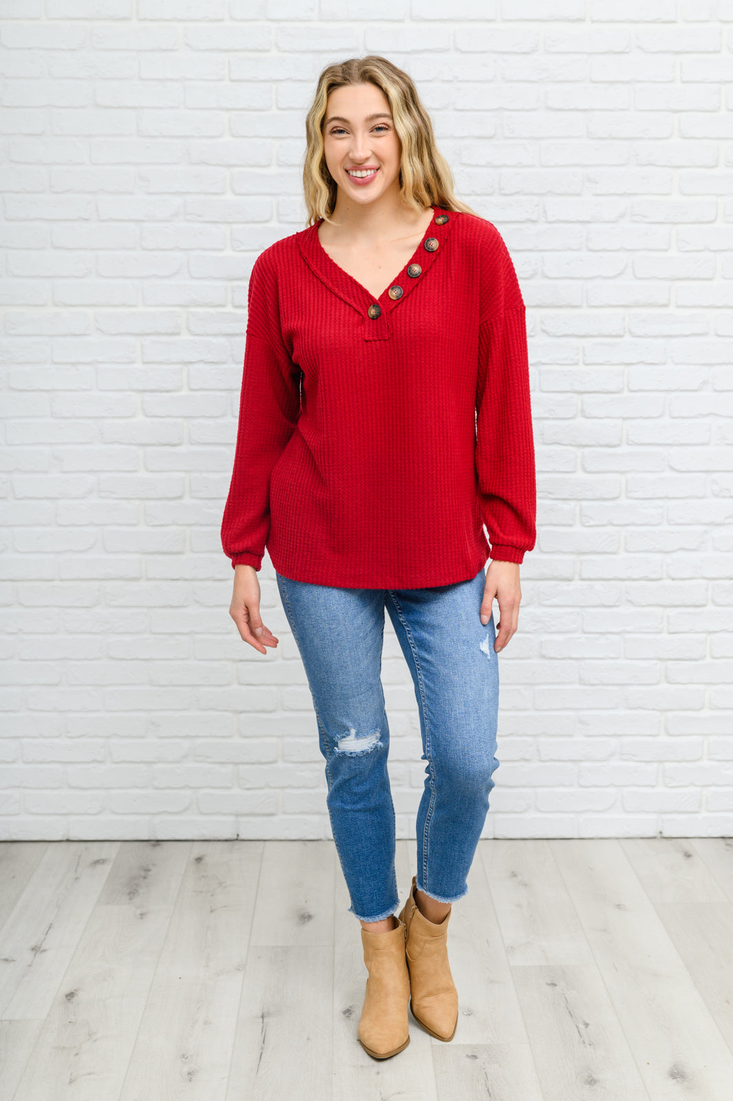 Your Best Self Long Sleeve Waffle Knit Top In Red