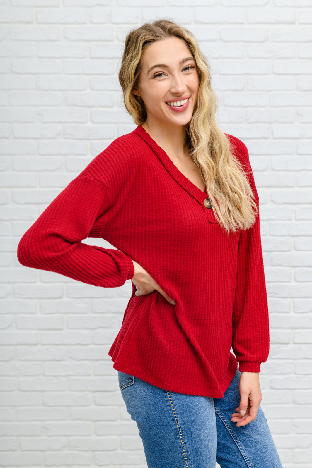 Your Best Self Long Sleeve Waffle Knit Top In Red