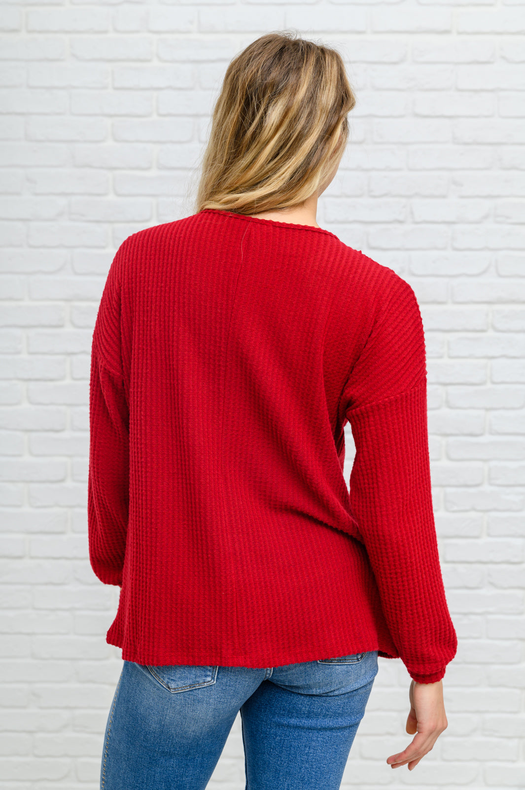 Your Best Self Long Sleeve Waffle Knit Top In Red