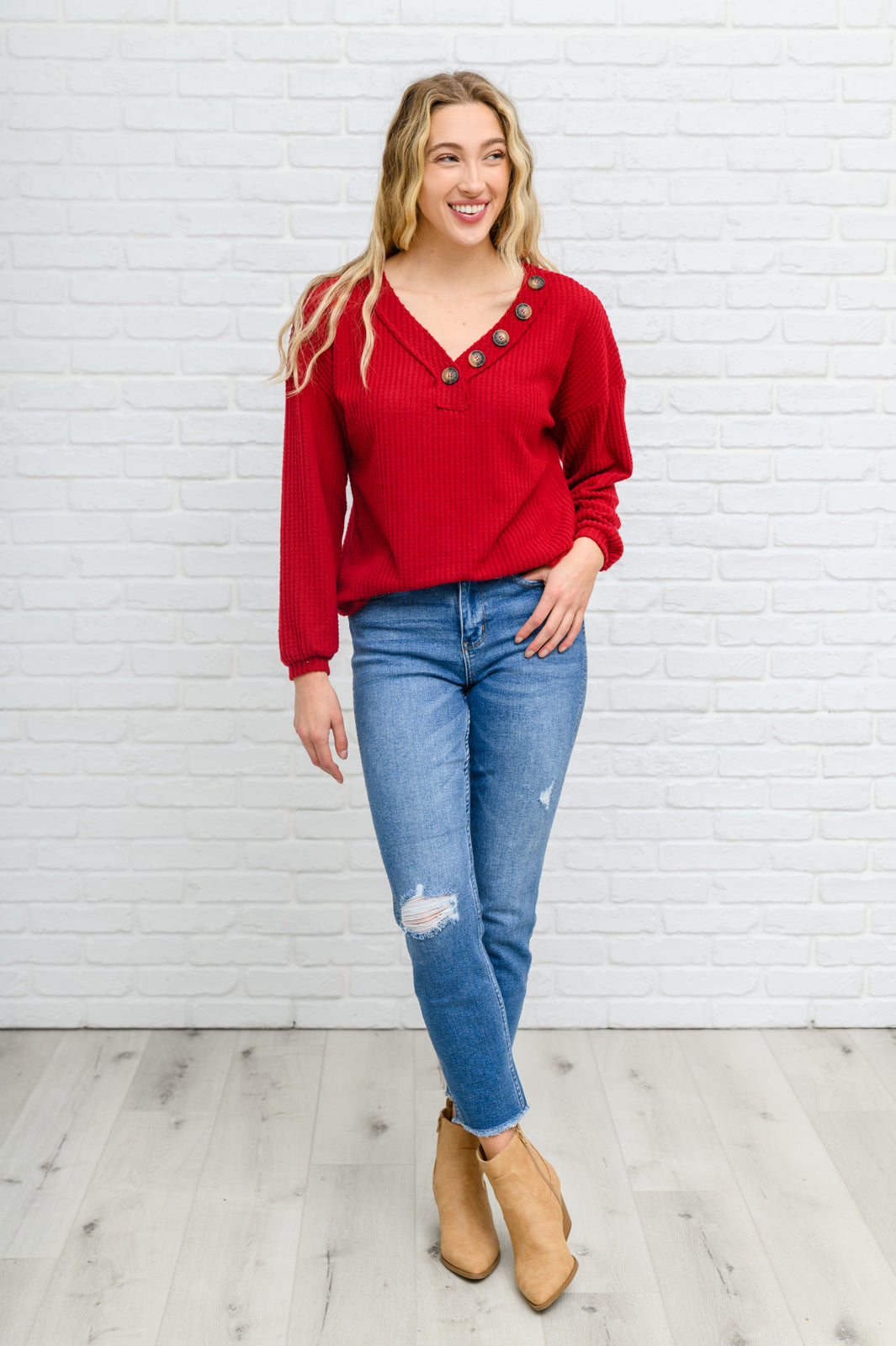 Your Best Self Long Sleeve Waffle Knit Top In Red
