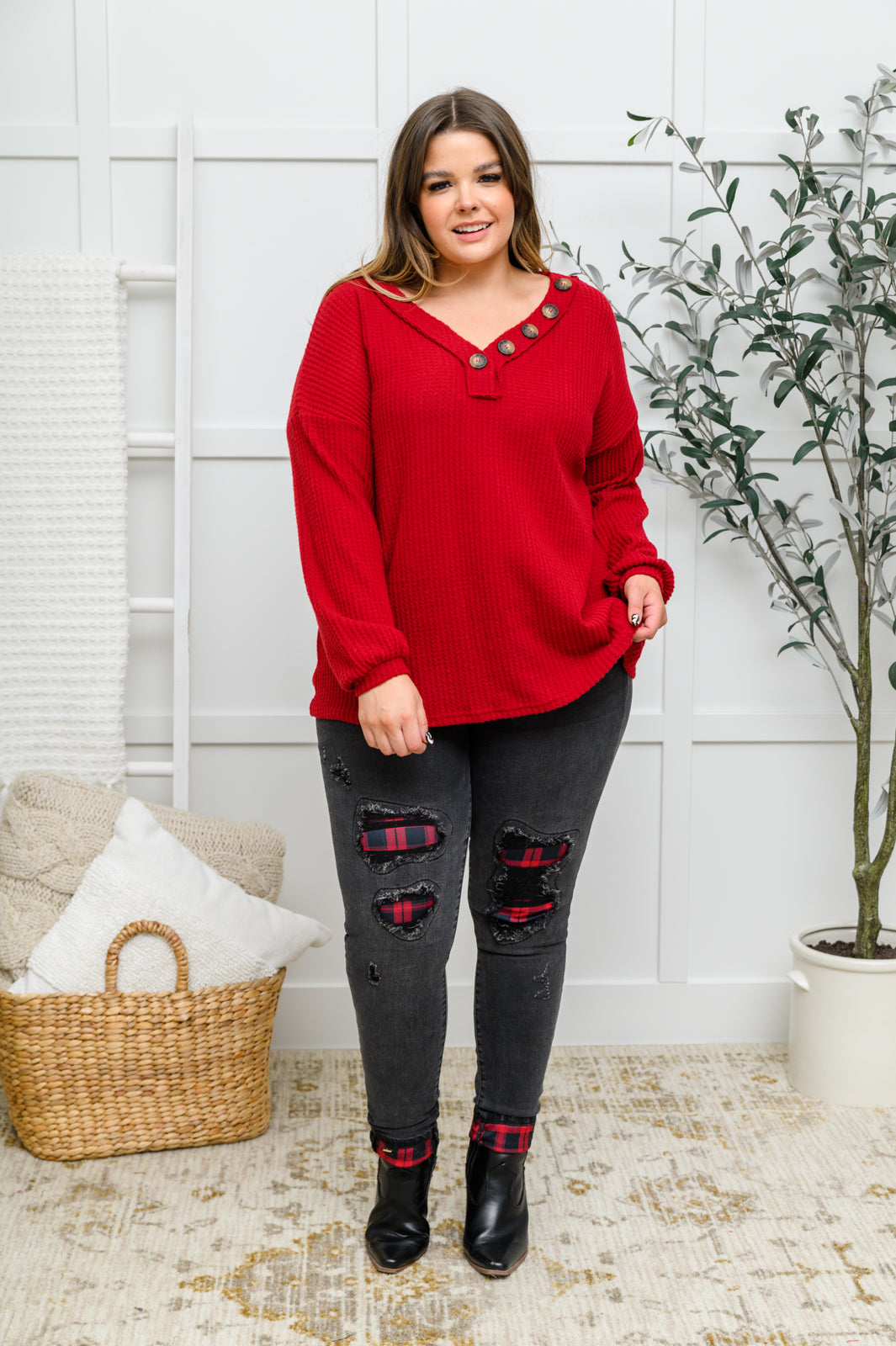 Your Best Self Long Sleeve Waffle Knit Top In Red