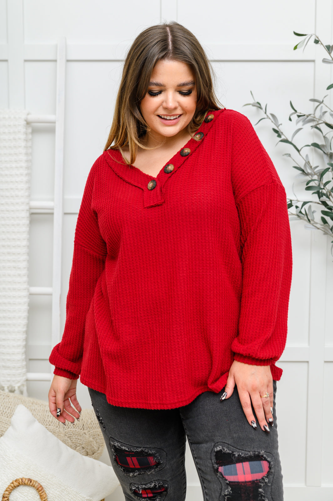 Your Best Self Long Sleeve Waffle Knit Top In Red