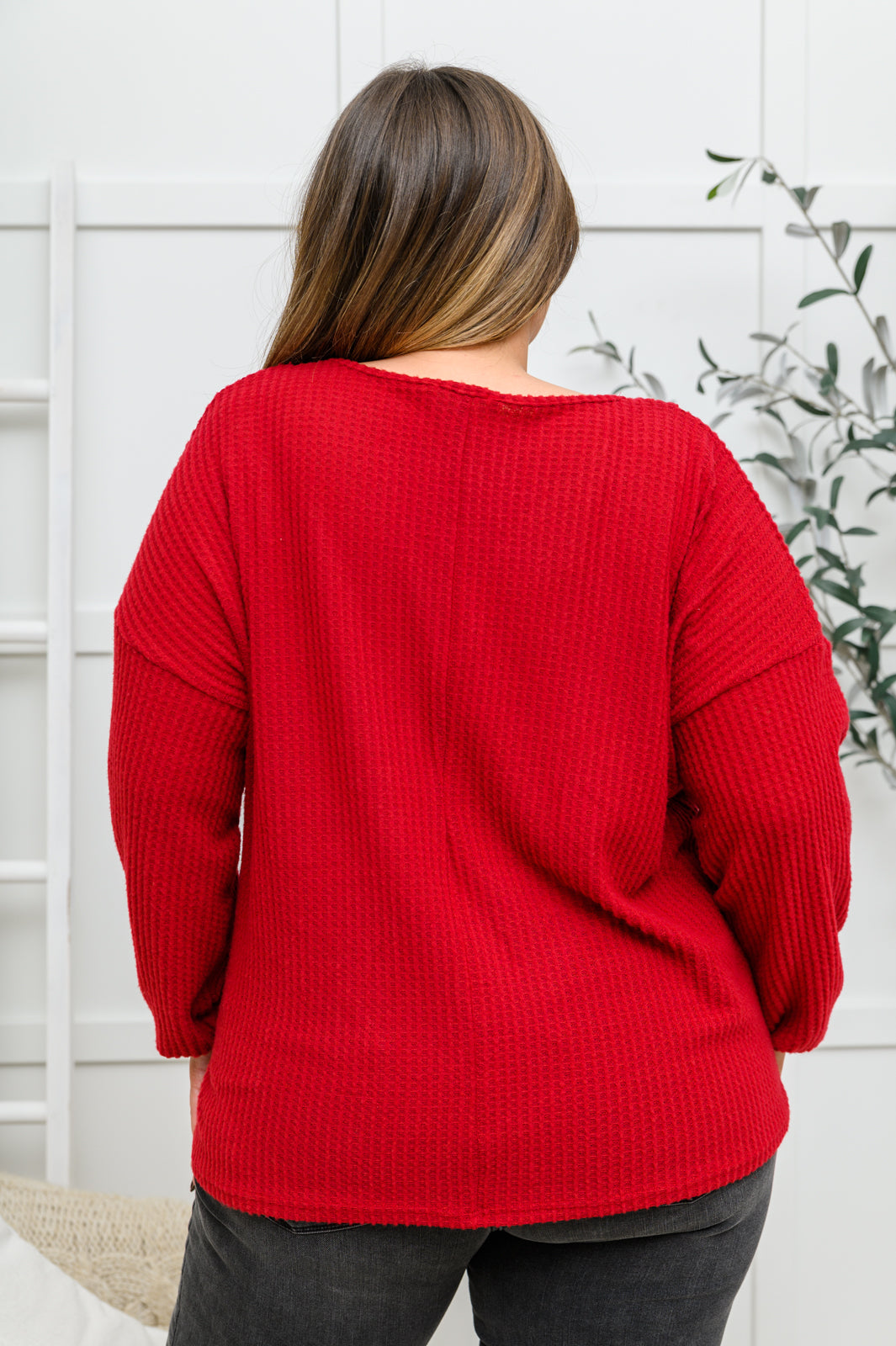Your Best Self Long Sleeve Waffle Knit Top In Red