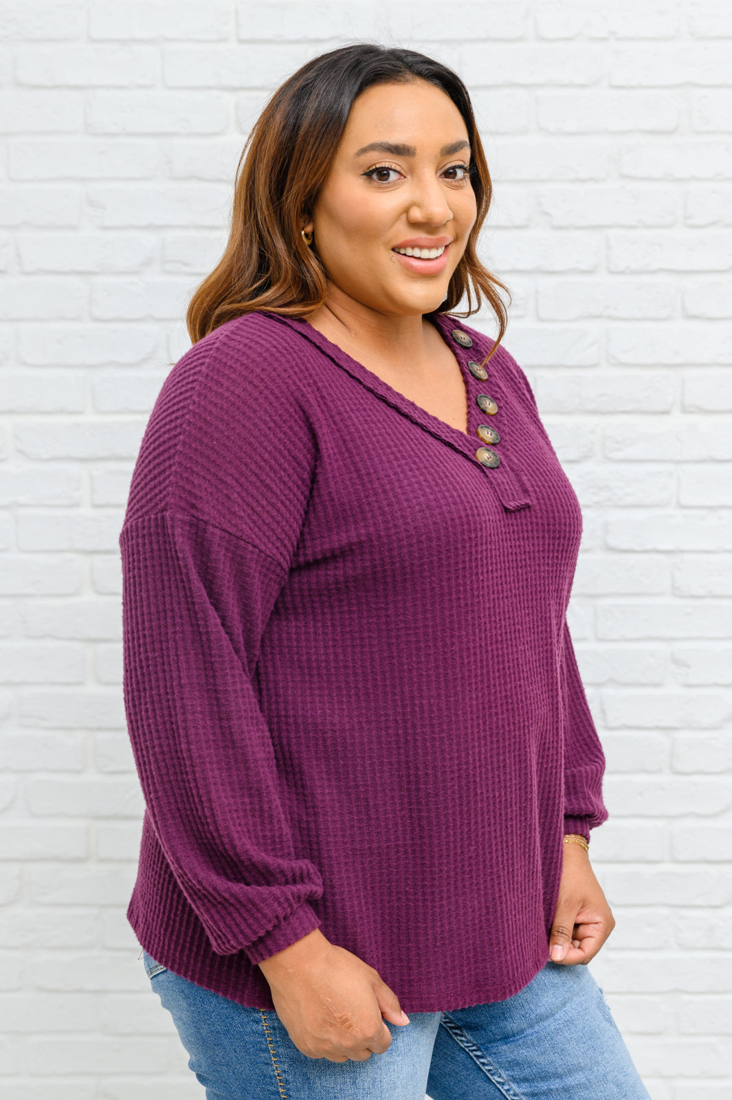 Your Best Self Long Sleeve Waffle Knit Top In Eggplant