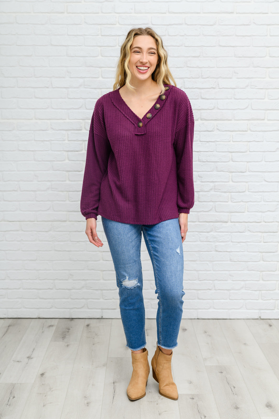 Your Best Self Long Sleeve Waffle Knit Top In Eggplant