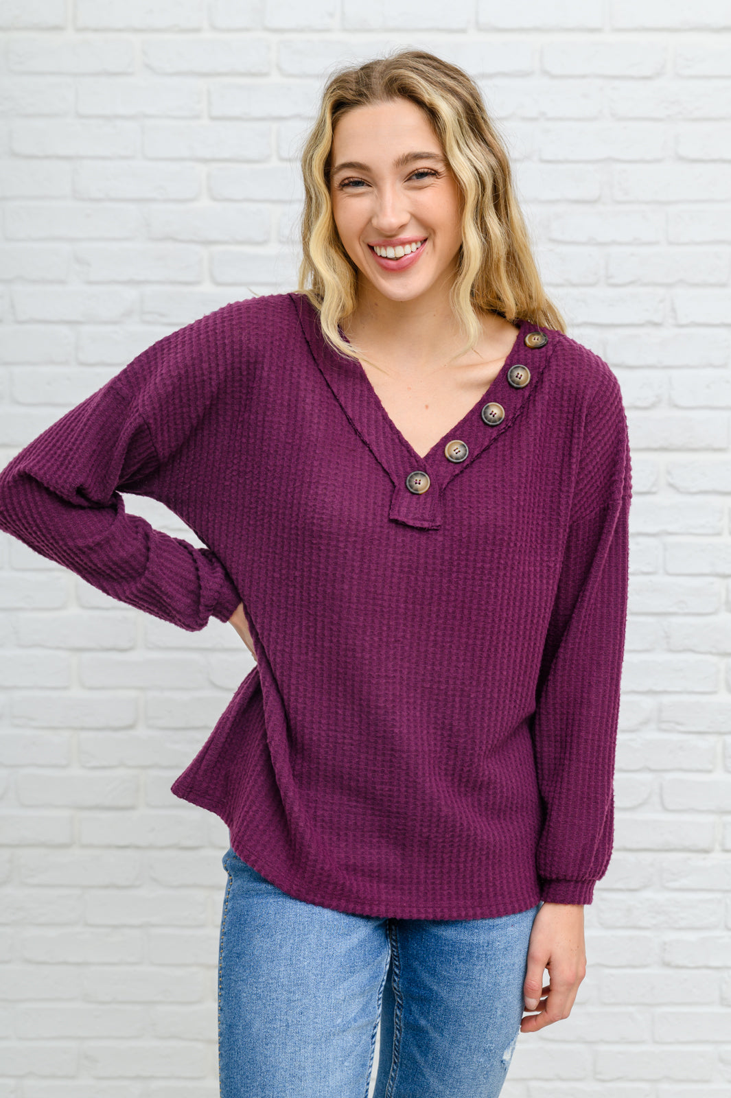 Your Best Self Long Sleeve Waffle Knit Top In Eggplant Eggplant S