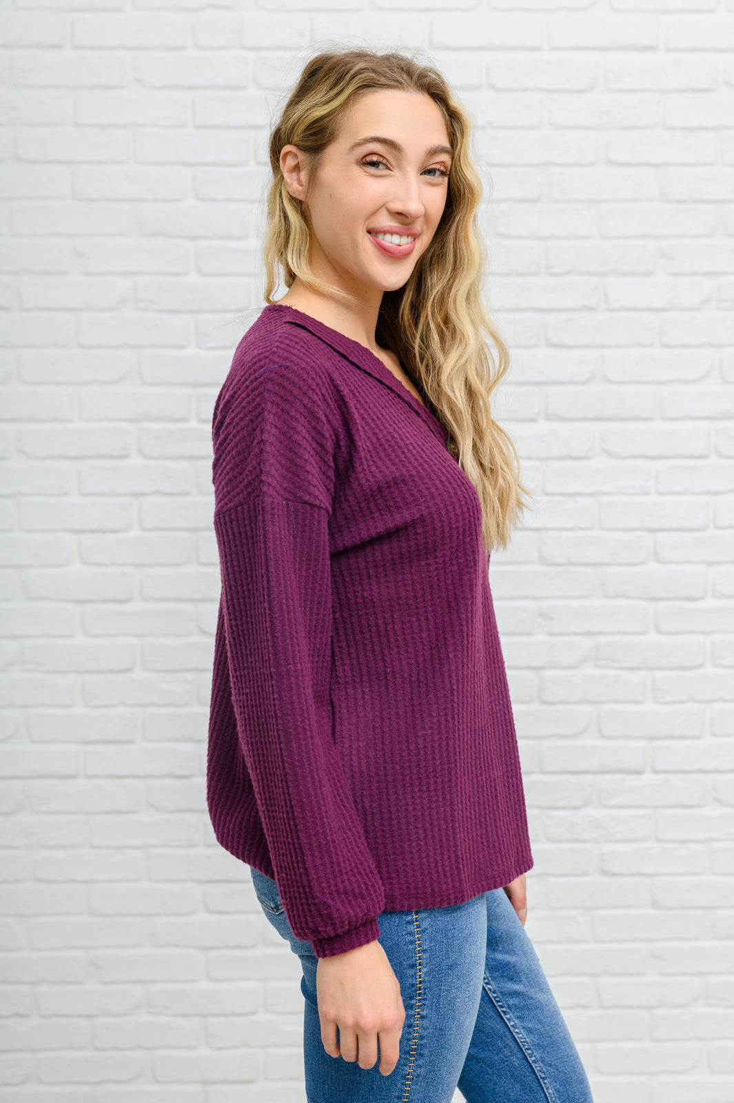 Your Best Self Long Sleeve Waffle Knit Top In Eggplant