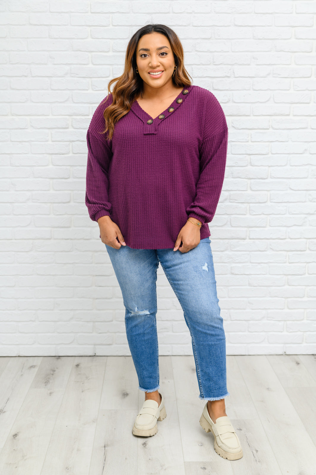 Your Best Self Long Sleeve Waffle Knit Top In Eggplant