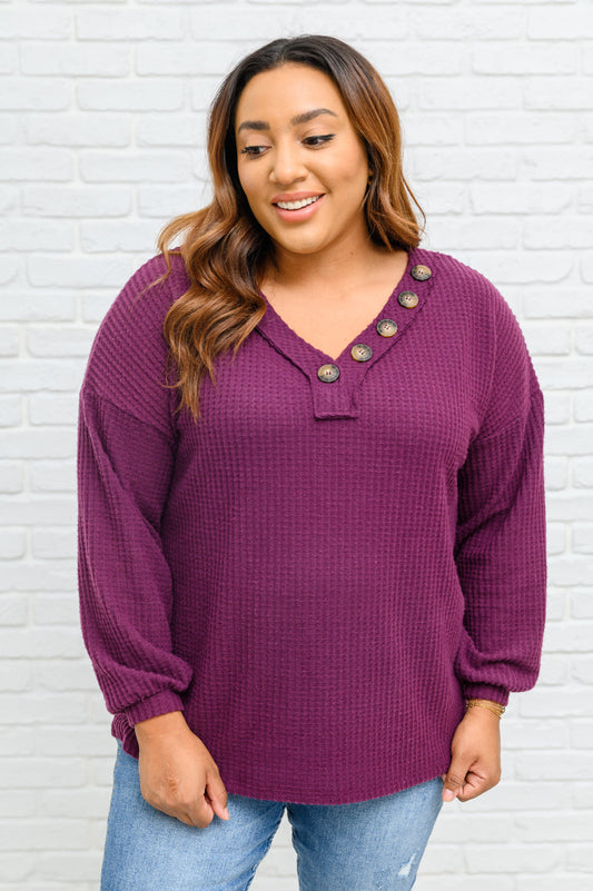 Your Best Self Long Sleeve Waffle Knit Top In Eggplant Eggplant 1XL
