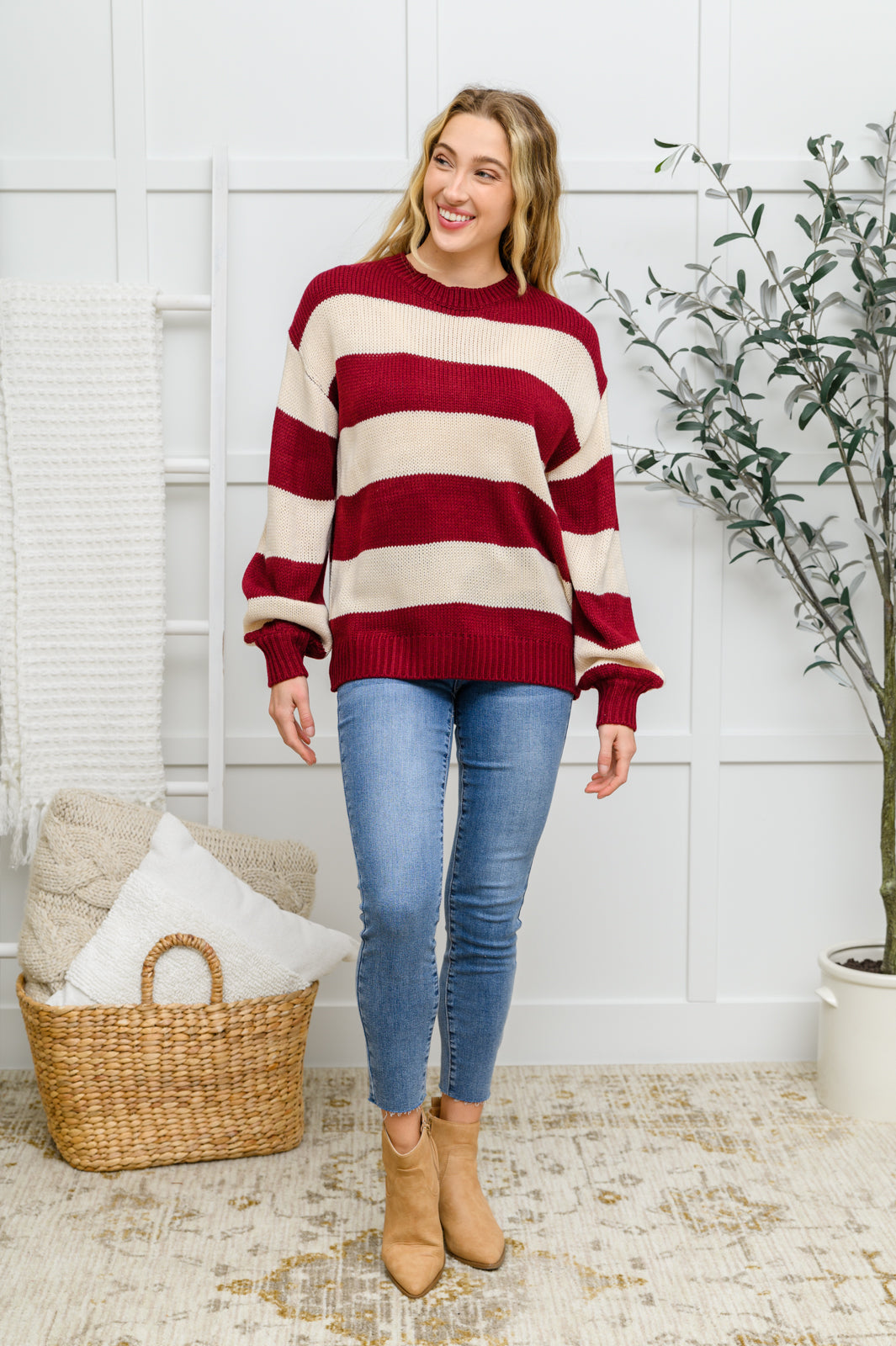 A Days Work Striped Knit Sweater In Burgundy