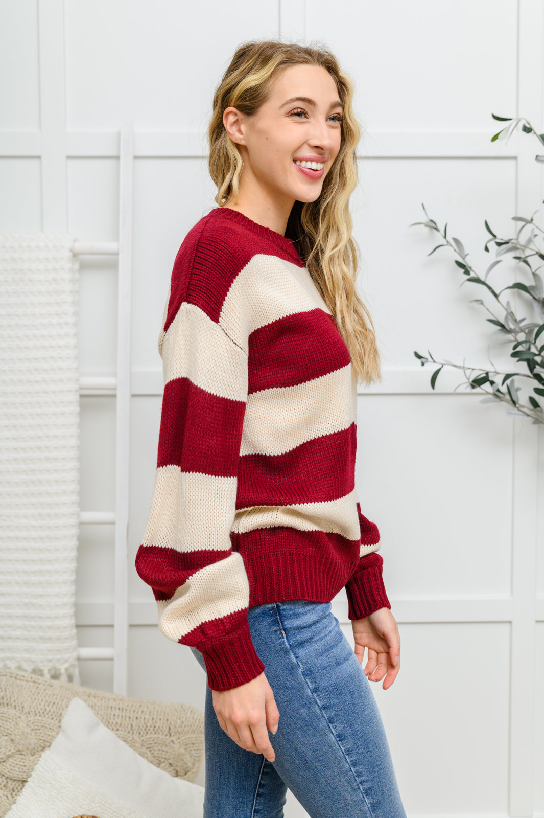 A Days Work Striped Knit Sweater In Burgundy
