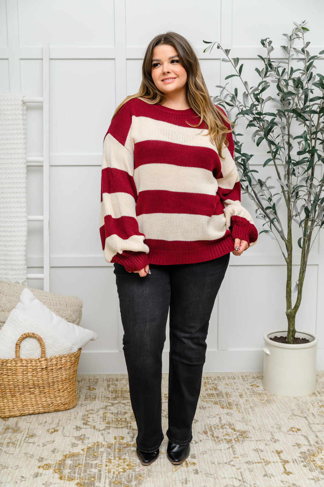A Days Work Striped Knit Sweater In Burgundy