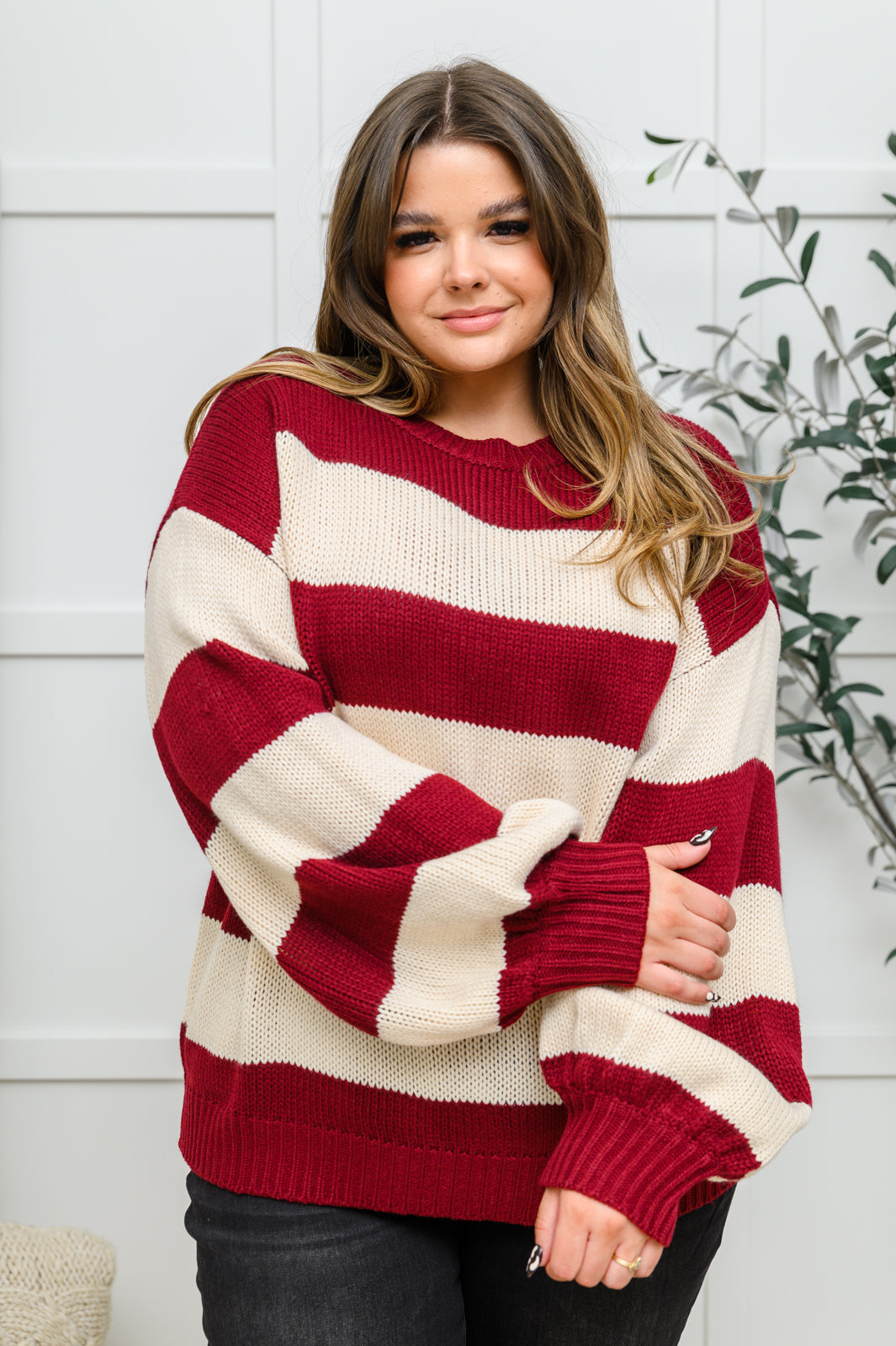 A Days Work Striped Knit Sweater In Burgundy