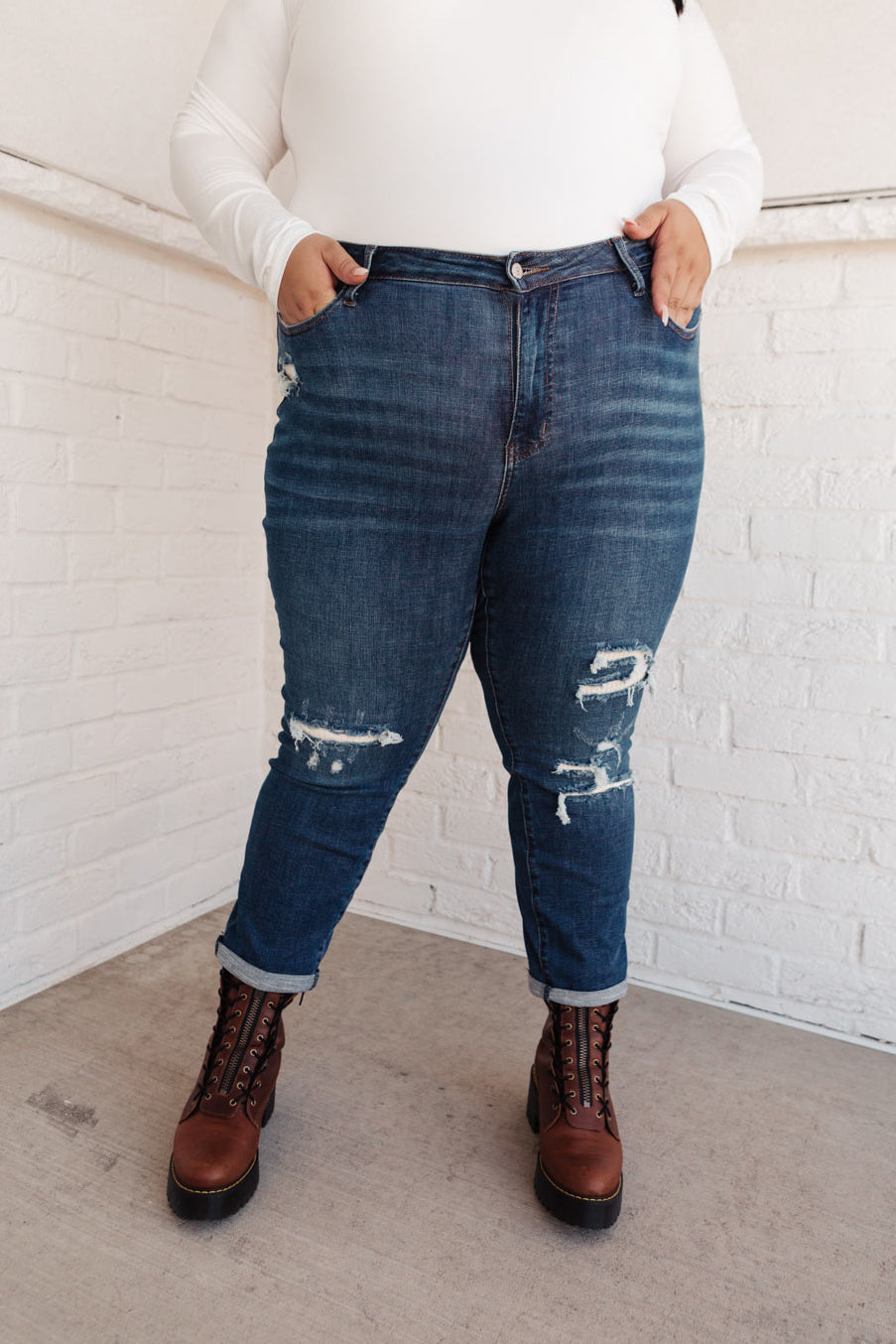 Judy Blue Cozy Up Mid-Rise Thermal Boyfriend Jeans Dark Wash 14W