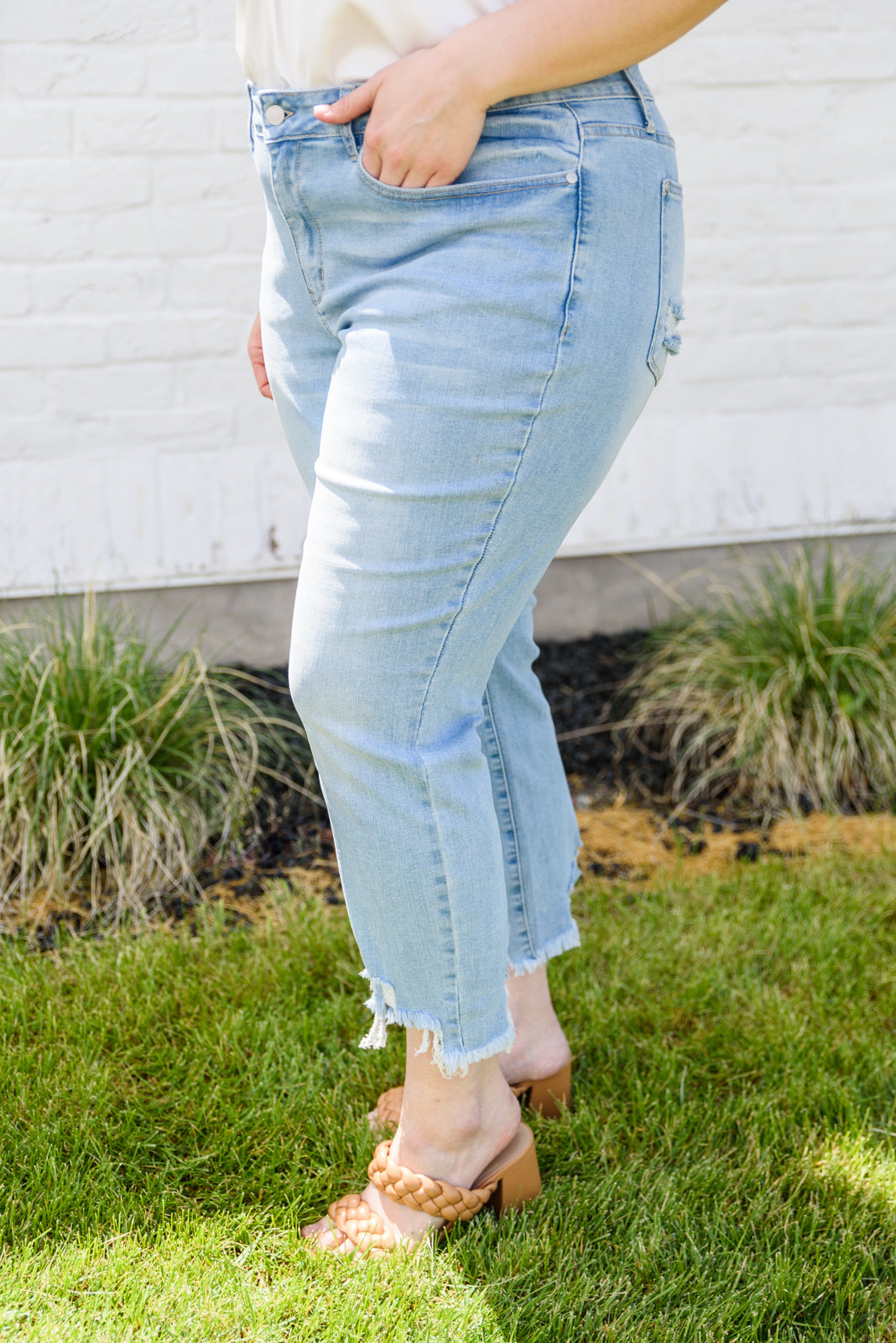 Judy Blue Caroline Mid-Rise Destroyed Hem Boyfriend Jeans