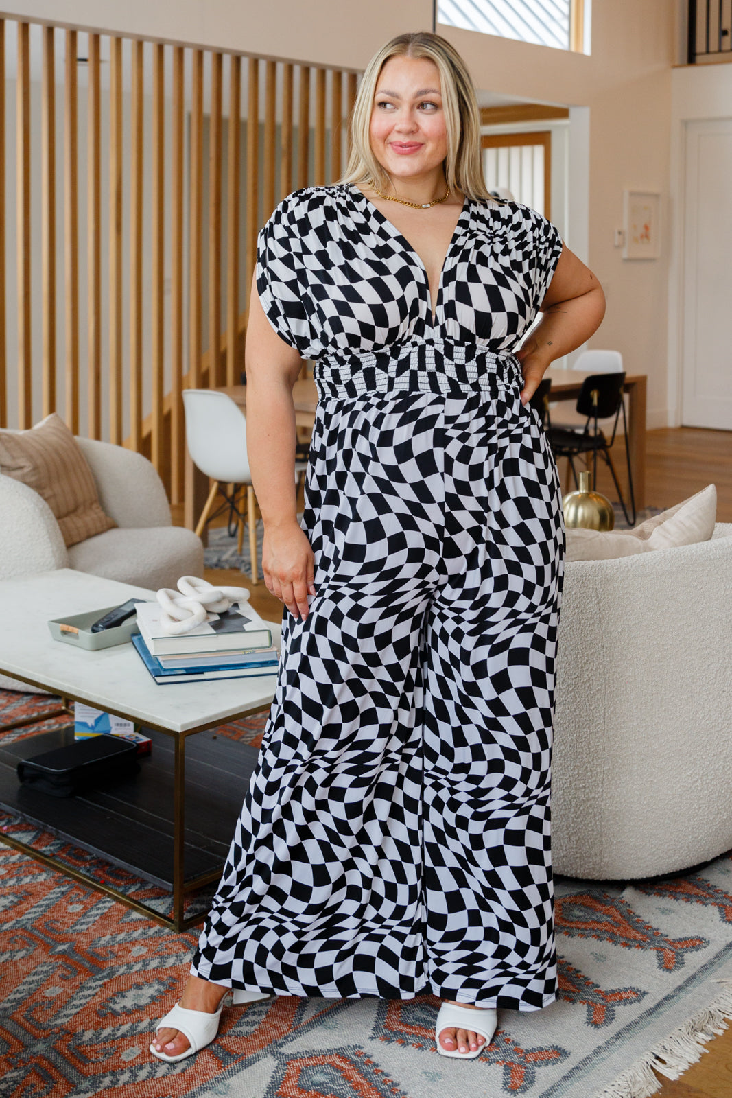 Let's Dance Wide Leg Checkered Jumpsuit 1XL Black/White Checker