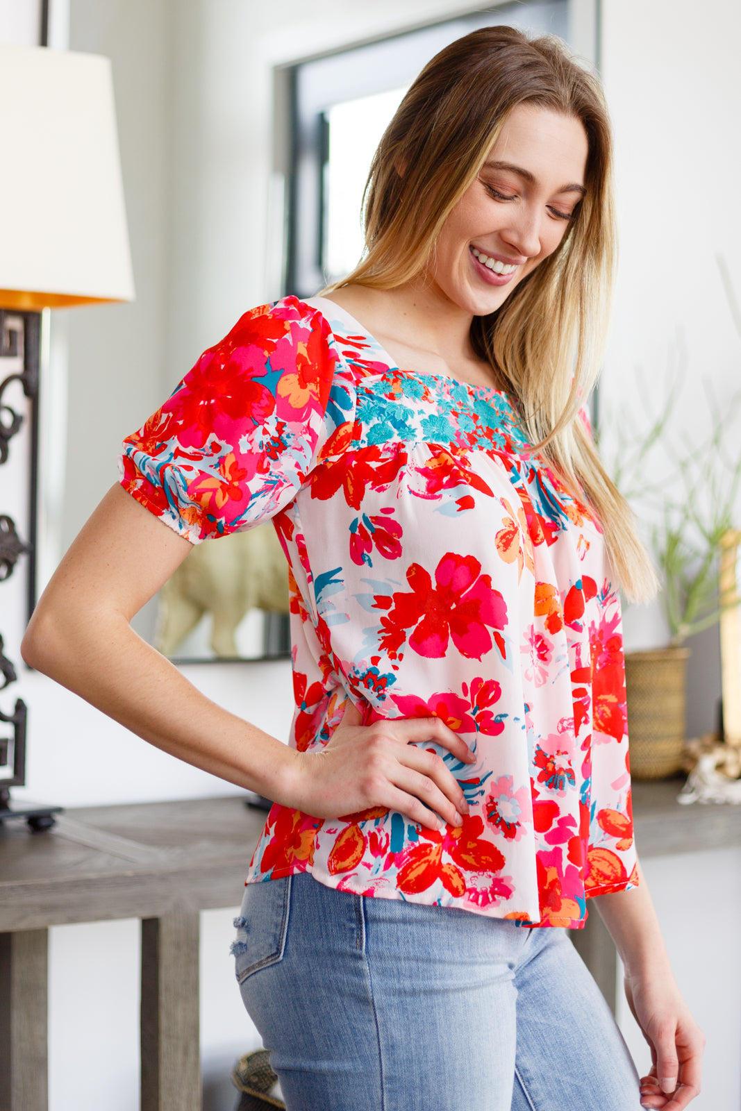 Georgia Floral Puff Sleeve Blouse S Red