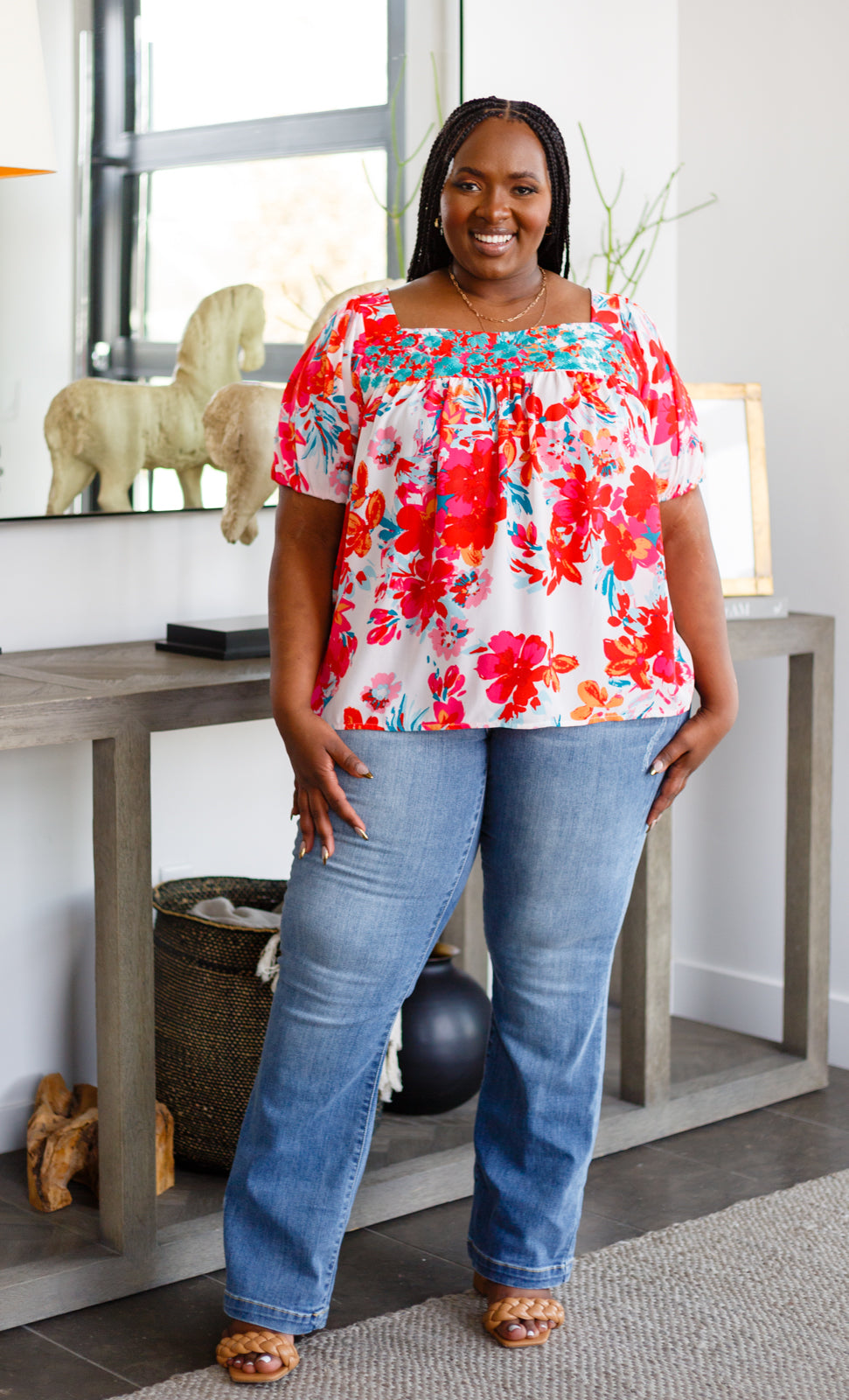 Georgia Floral Puff Sleeve Blouse 1XL Red