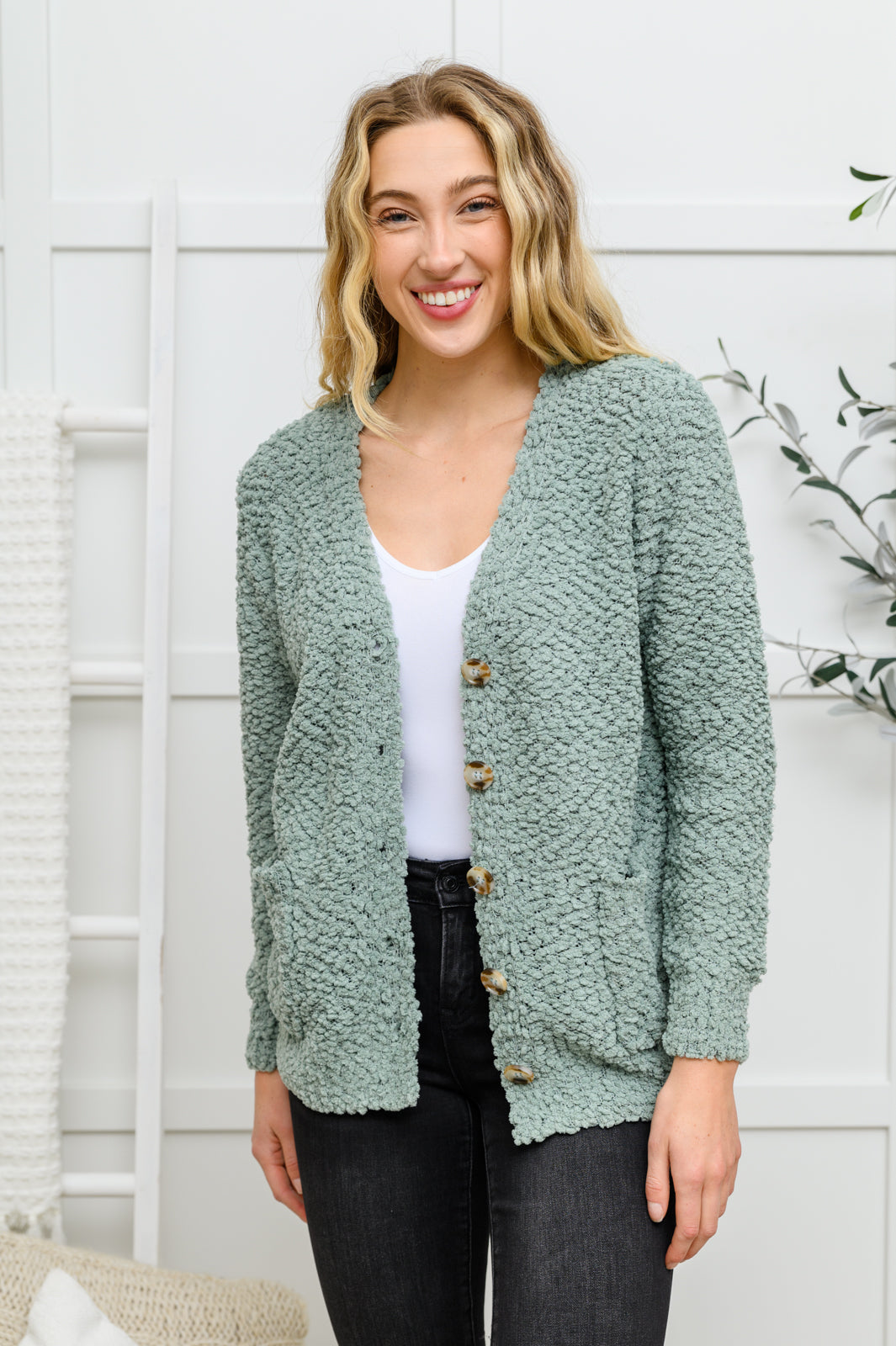 Just Feels Right Popcorn Knit Cardigan In Sage Sage S