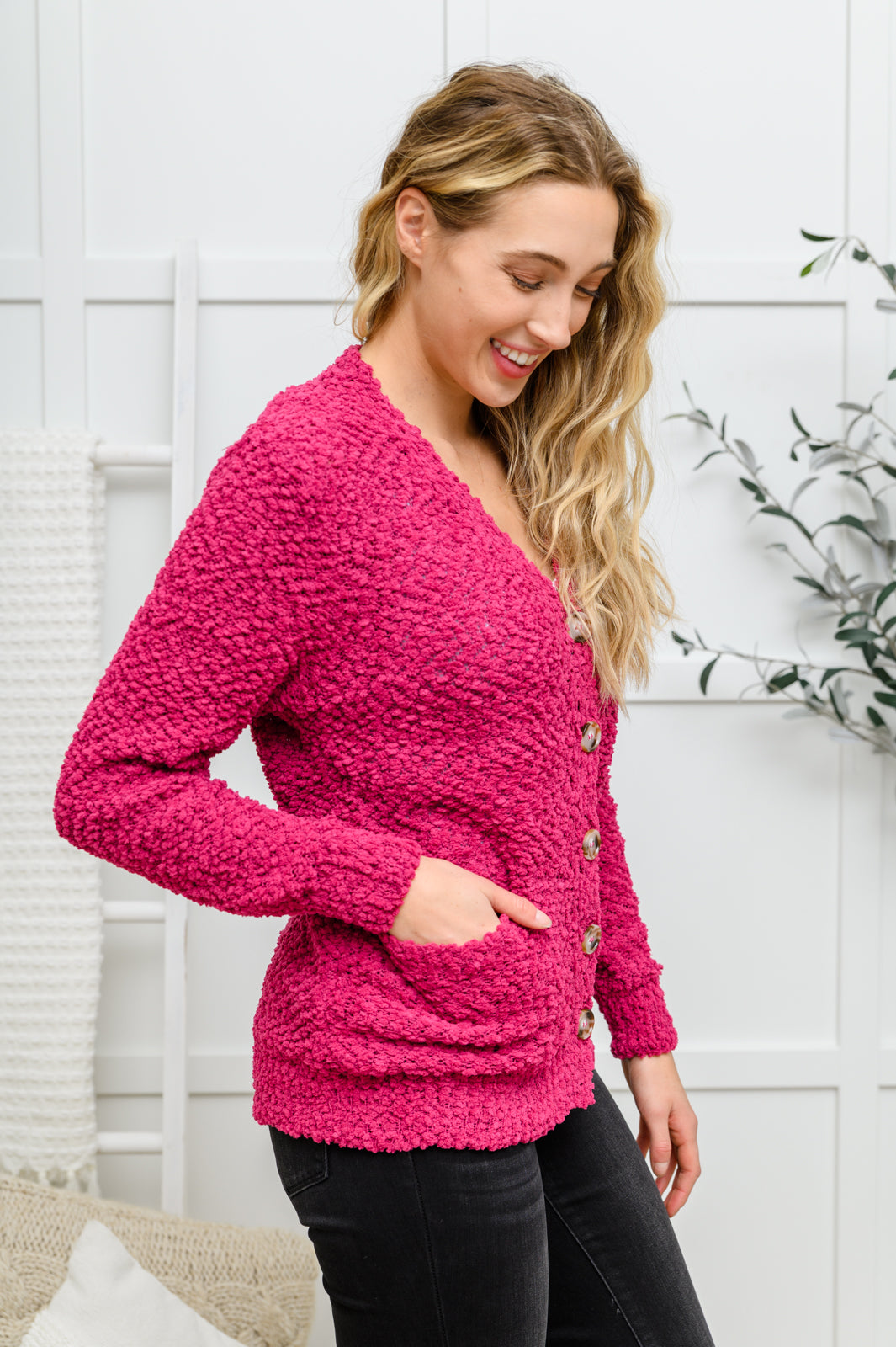 Just Feels Right Popcorn Knit Cardigan In Magenta