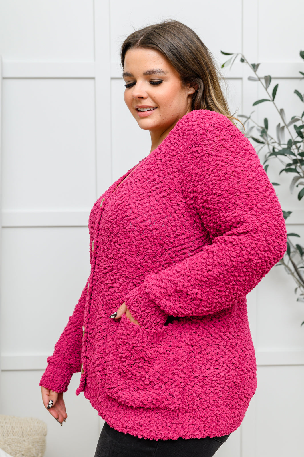 Just Feels Right Popcorn Knit Cardigan In Magenta