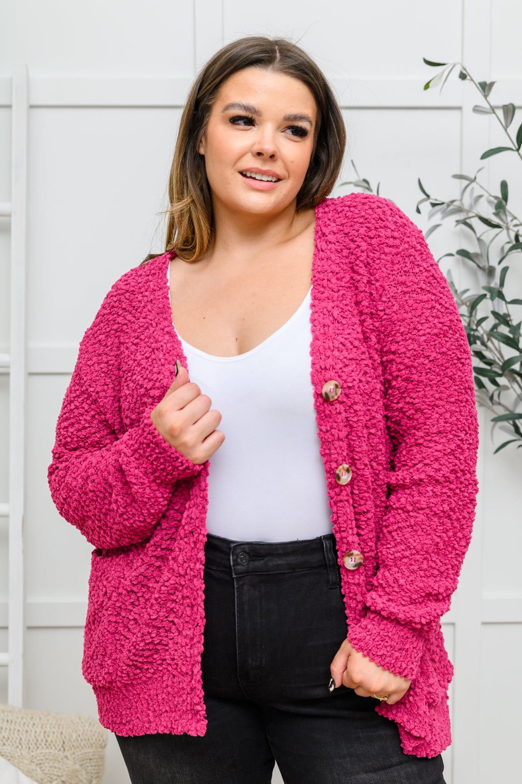 Just Feels Right Popcorn Knit Cardigan In Magenta Magenta 1XL